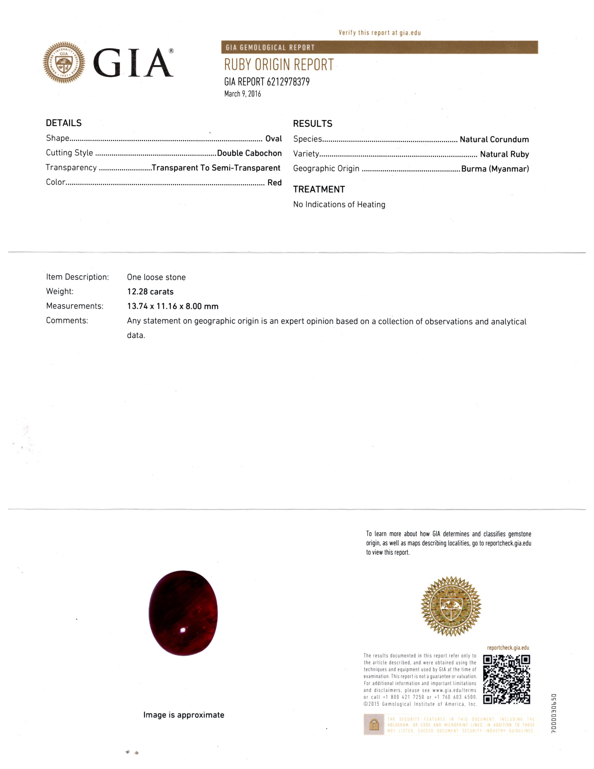 Luxury 18k yellow gold ring with 12.28 carat natural Burmese ruby cabochon, mid-century design, GIA certified