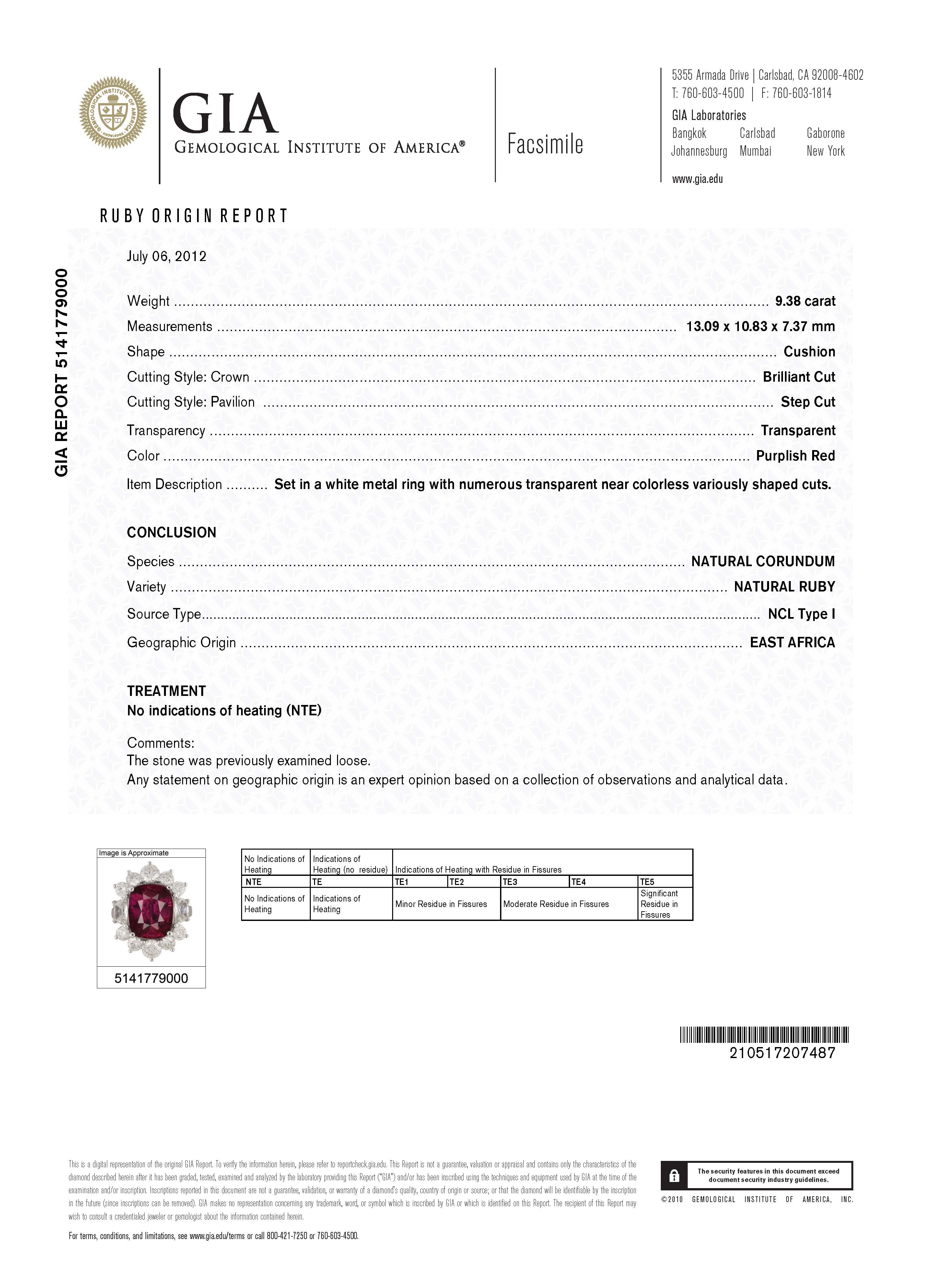 Exceptional 9.38 carat cushion-cut purplish-red natural ruby ring, East African origin, untreated no-heat ruby with diamond accents in white metal setting.”