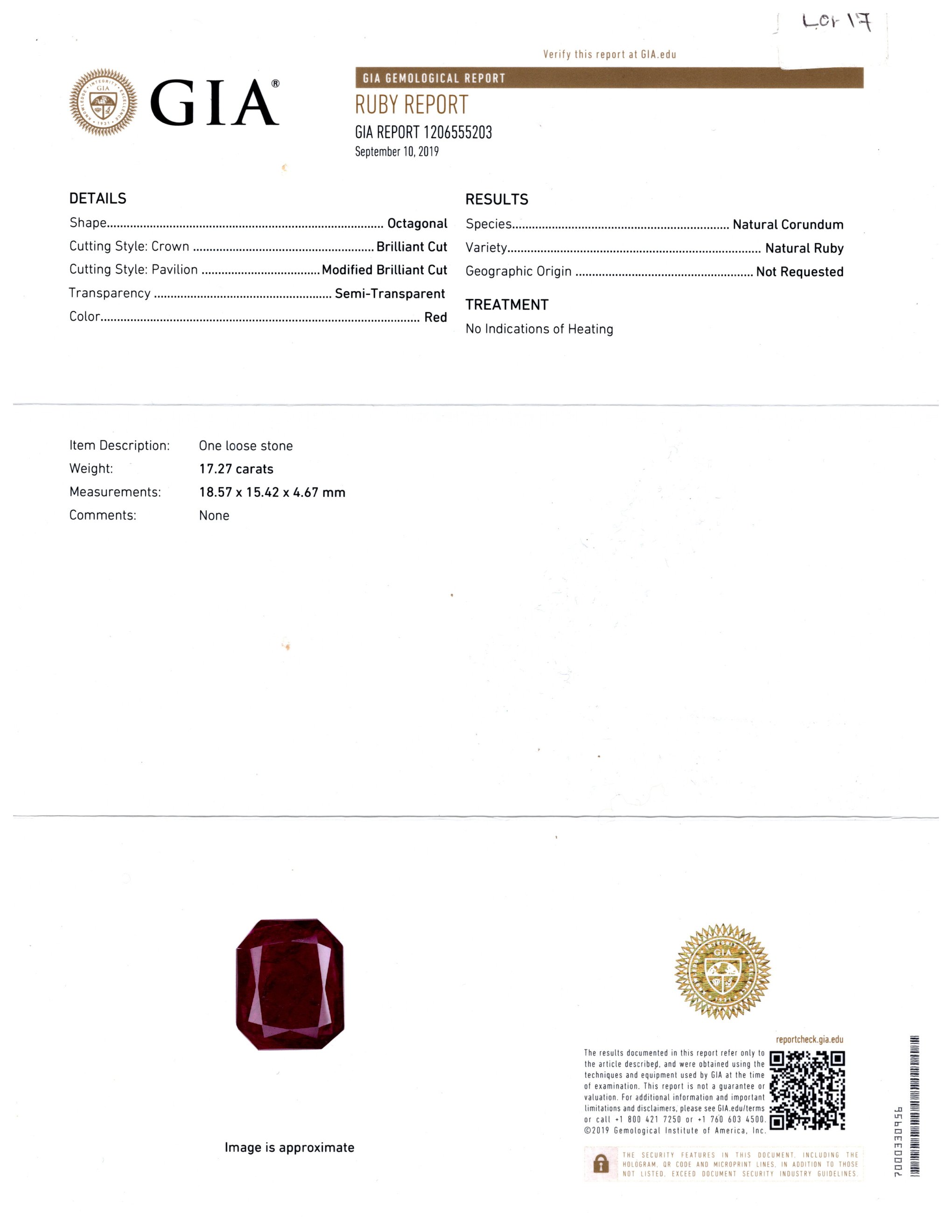 No-heat Mozambique ruby 17.27 ct octagonal brilliant cut ring in 18k white gold with 4.00 ct diamonds, certified by C. Dunaigre and GIA