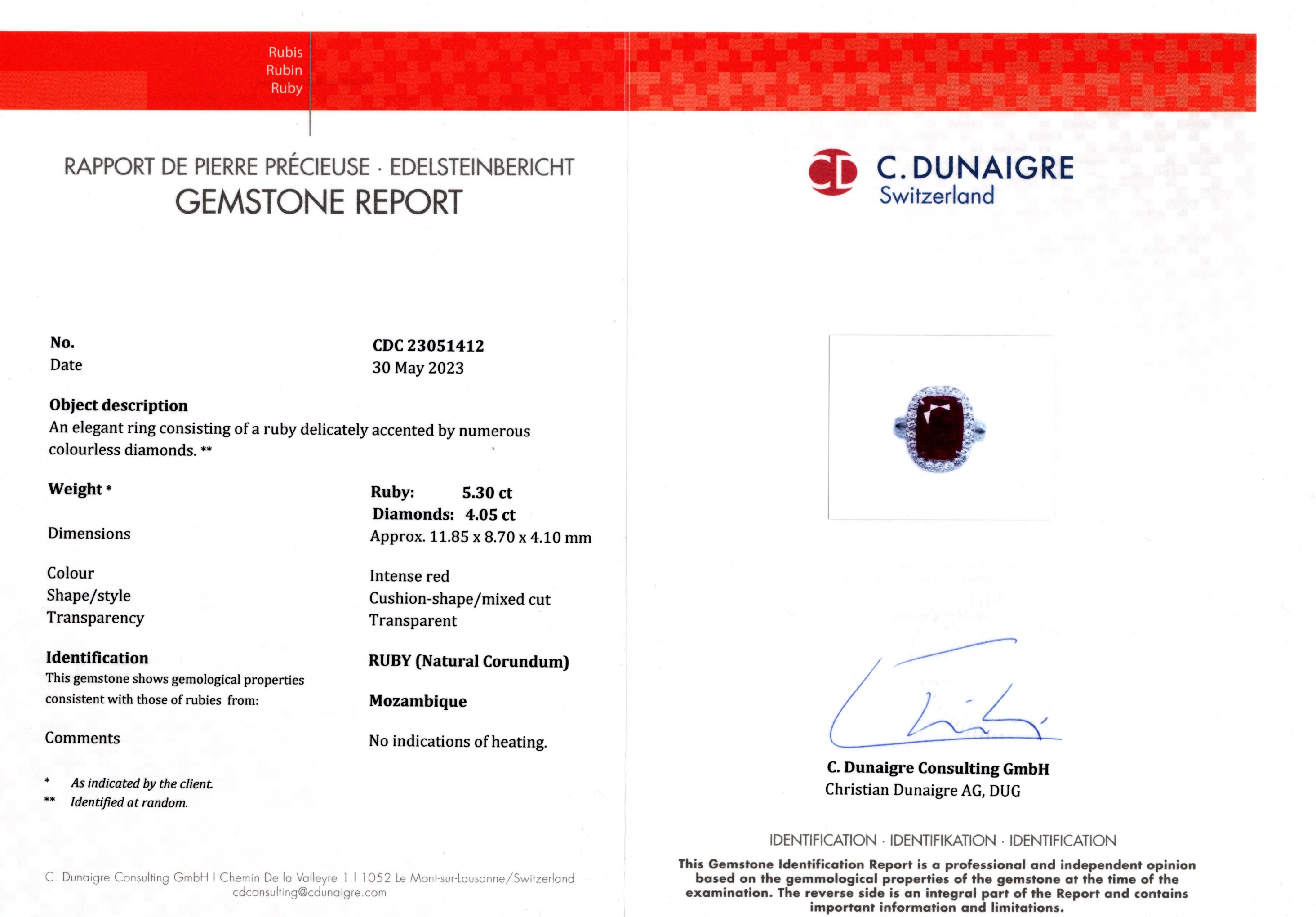 Platinum ring with 5.30 ct no-heat cushion-cut Mozambique ruby and 4.05 ct diamonds, certified by C. Dunaigre