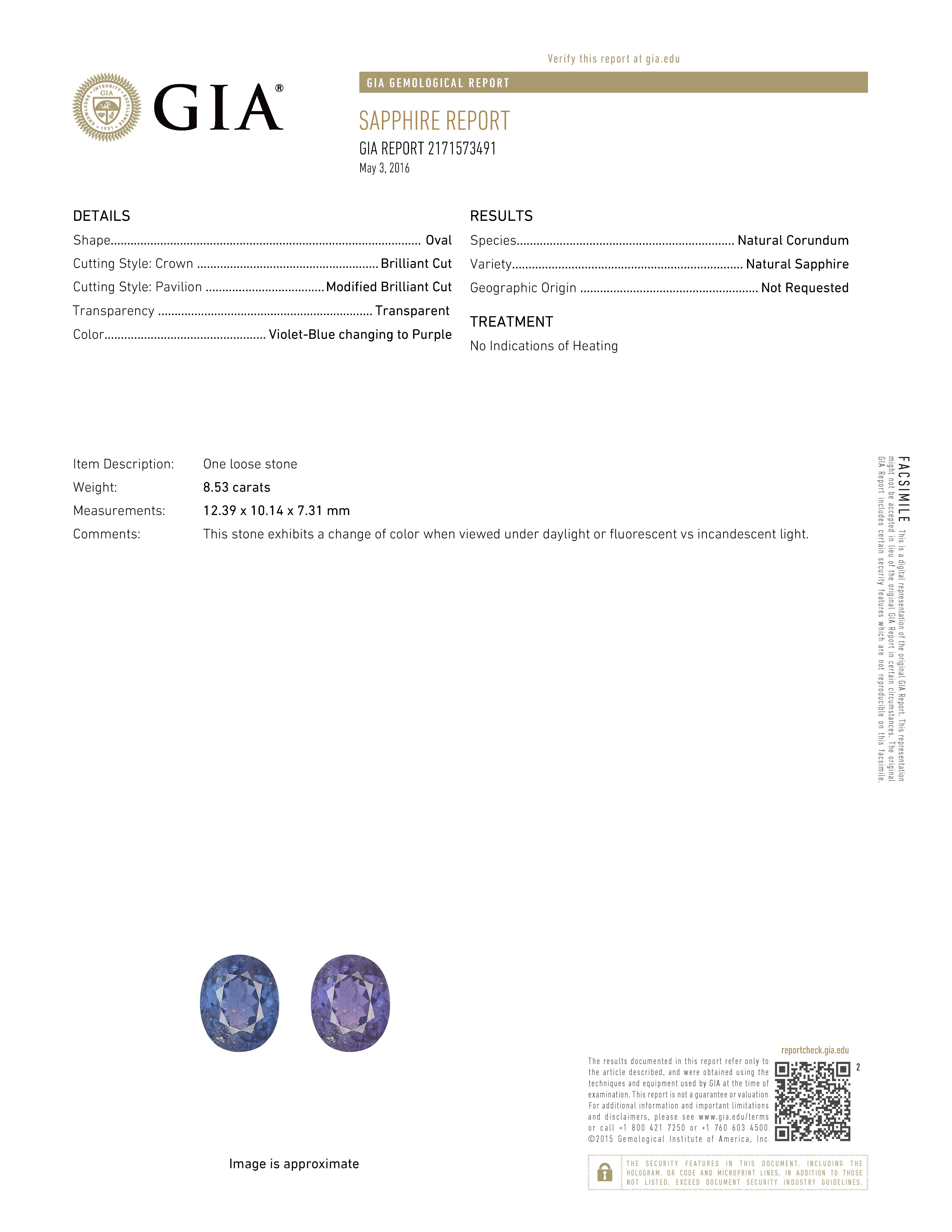 8.53 carat natural no-heat color-changing blue sapphire platinum ring with diamond accents, GIA certified