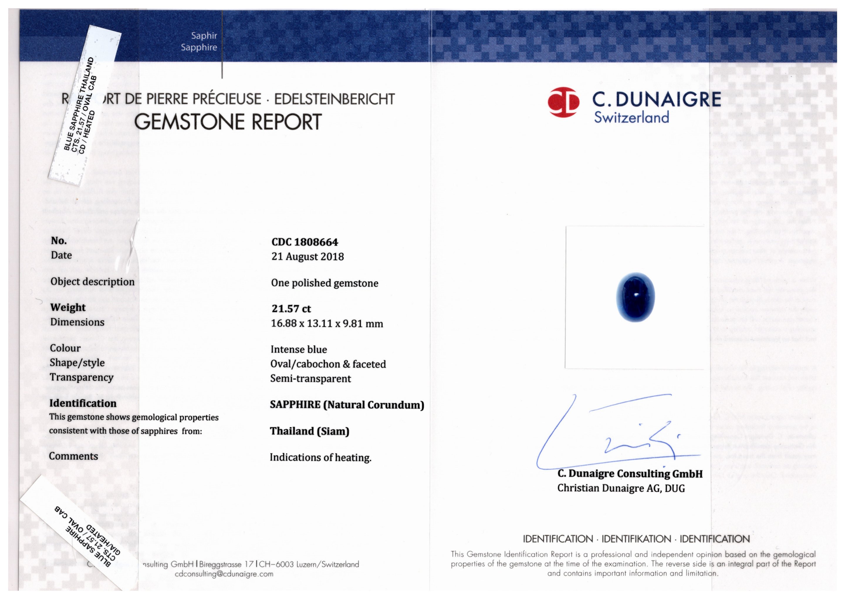 21.57 carat Thai blue sapphire cabochon ring in 14K white gold with diamond accents, certified by C. Dunaigre