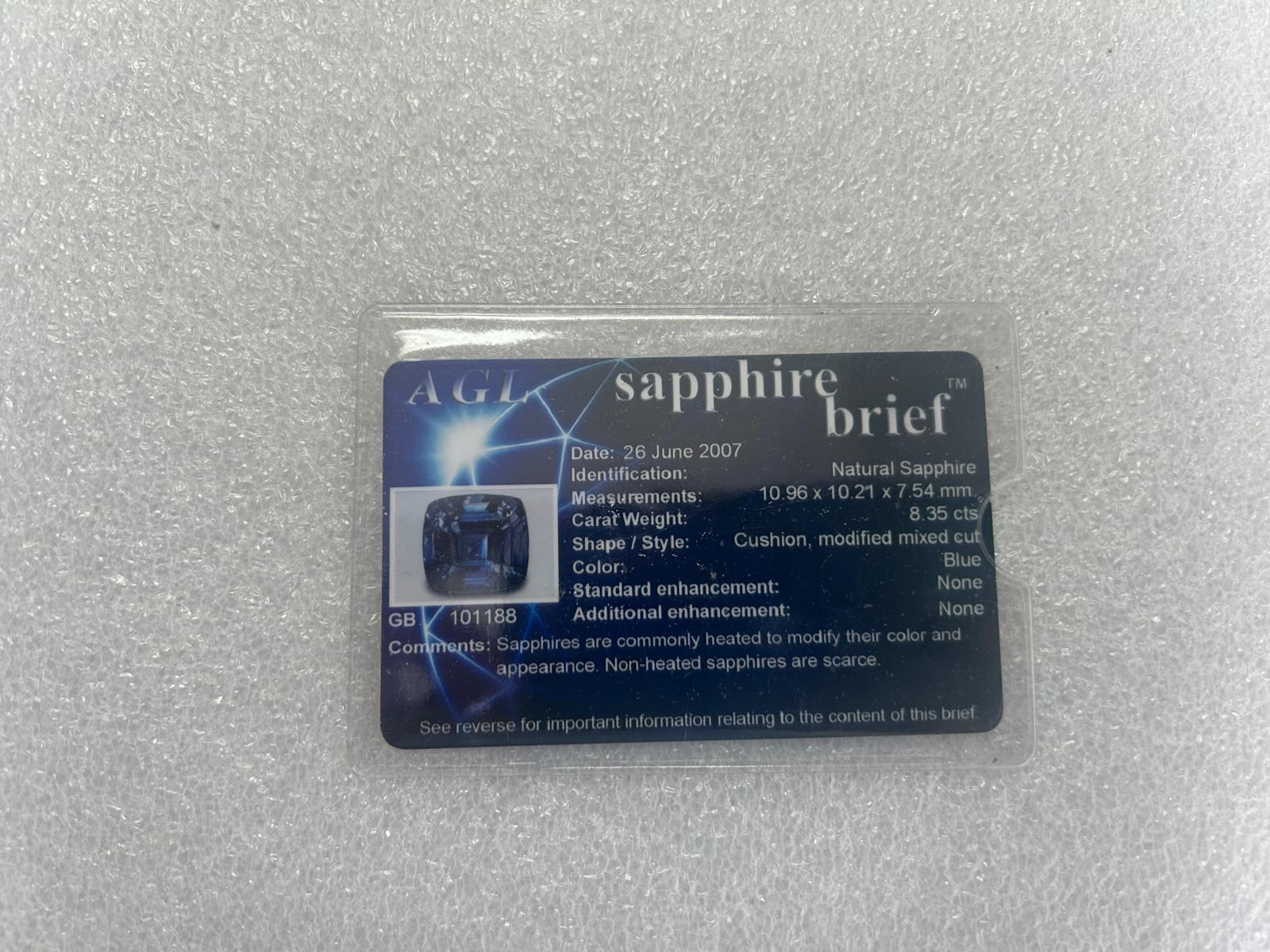 8.35 carat cushion-cut no-heat blue sapphire ring in 18K white gold with 0.72 carats diamonds, AGL certified