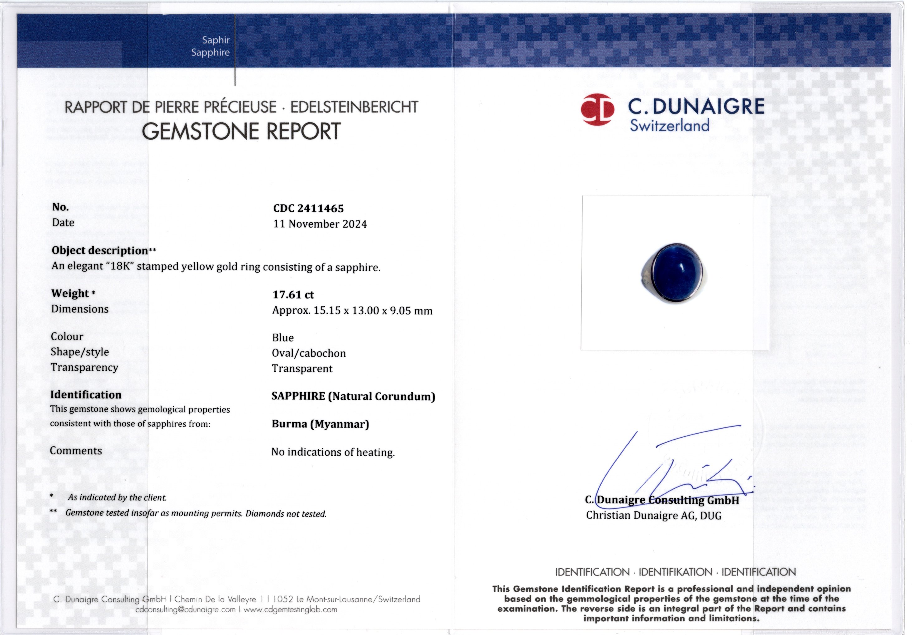 17.61 carat Burmese blue sapphire cabochon ring in 18K yellow gold, certified by C. Dunaigre, natural no-heat sapphire