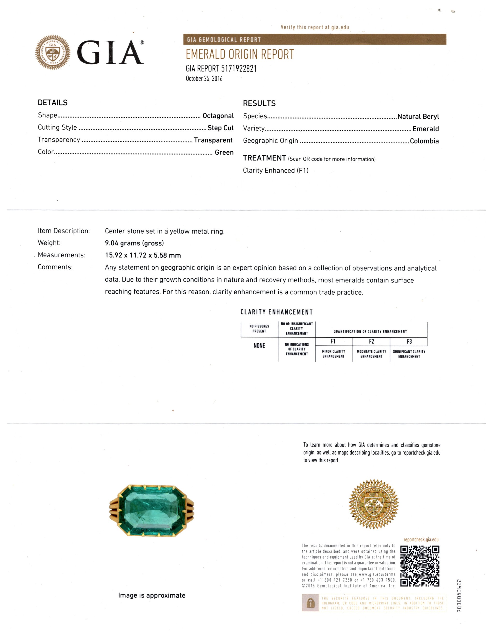 AGL and GIA certified 8.30 carat Colombian emerald ring in 18K yellow gold with modified mixed cut and natural clarity