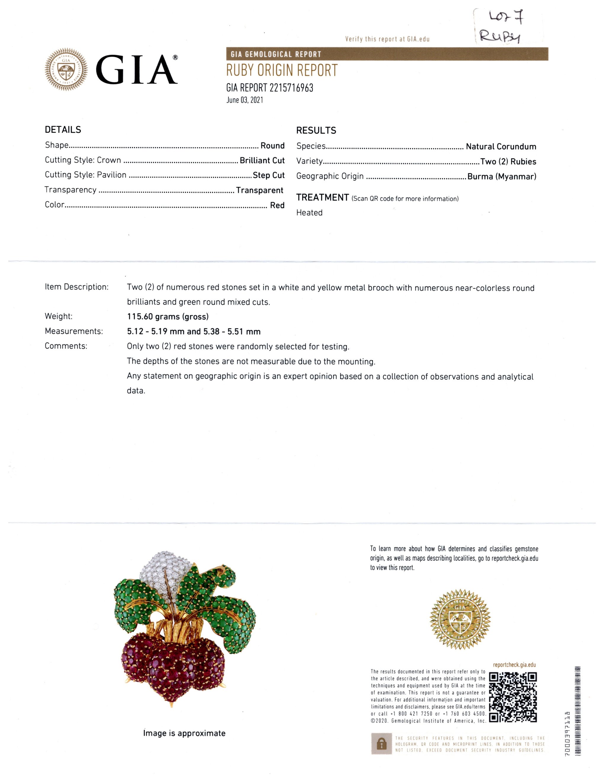 Nicholas Varney “Radish” clip-brooch with pavé ruby radishes, emerald leaf canopy and diamond accents, signed Nick Varney