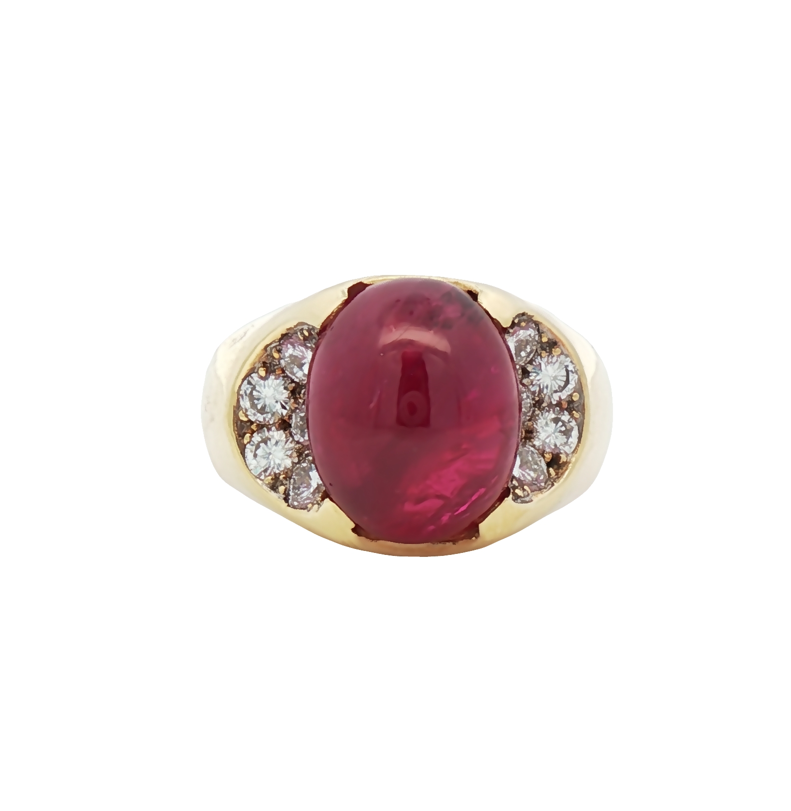 Luxury 18k yellow gold ring with 12.28 carat natural Burmese ruby cabochon, mid-century design, GIA certified
