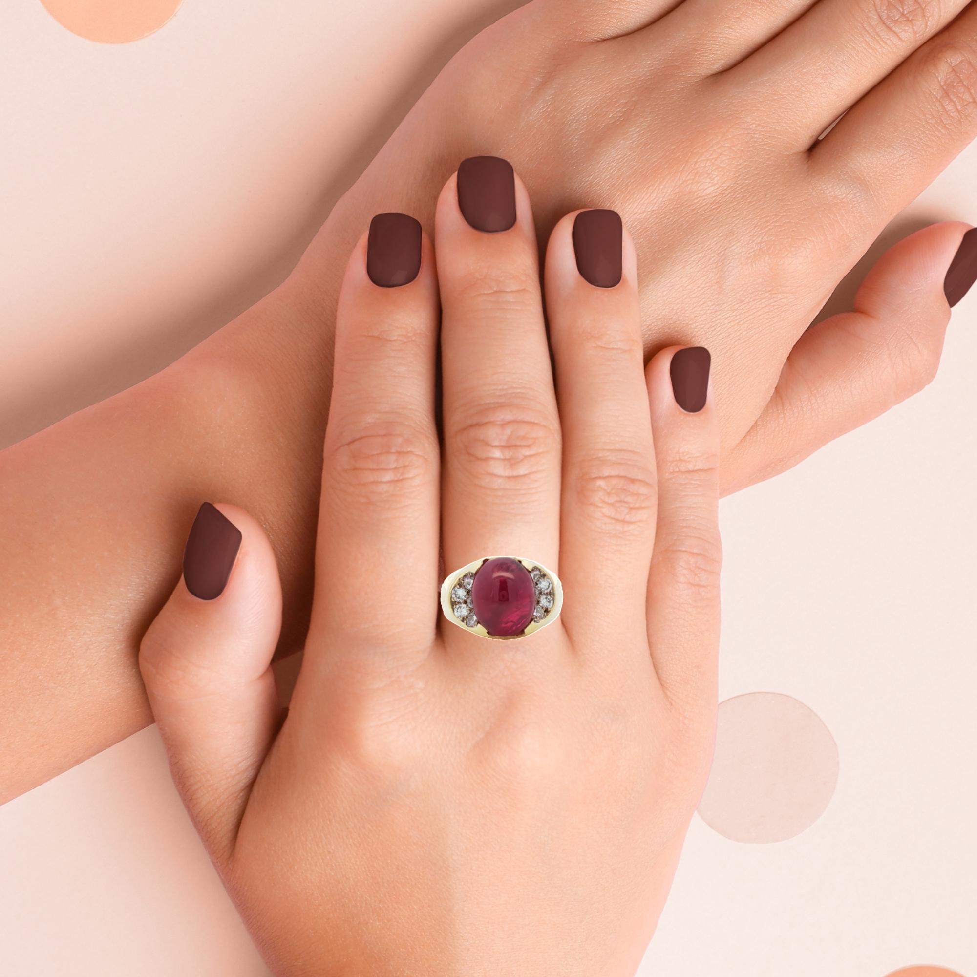Luxury 18k yellow gold ring with 12.28 carat natural Burmese ruby cabochon, mid-century design, GIA certified