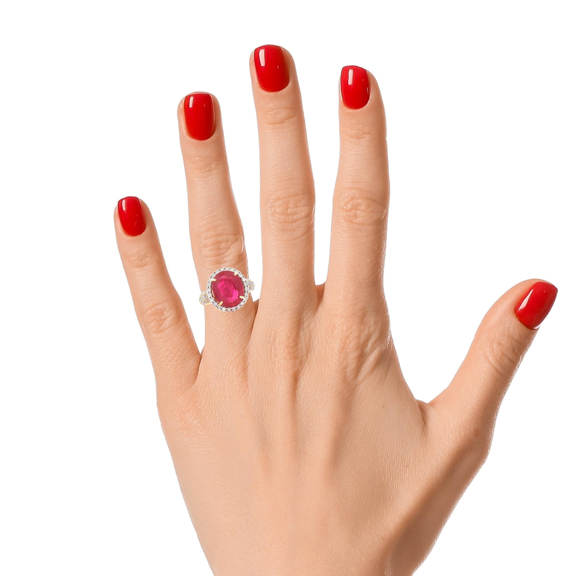 Luxury 7.65-carat no-heat Mozambique ruby ring with diamonds in 18k yellow gold, AGL certified