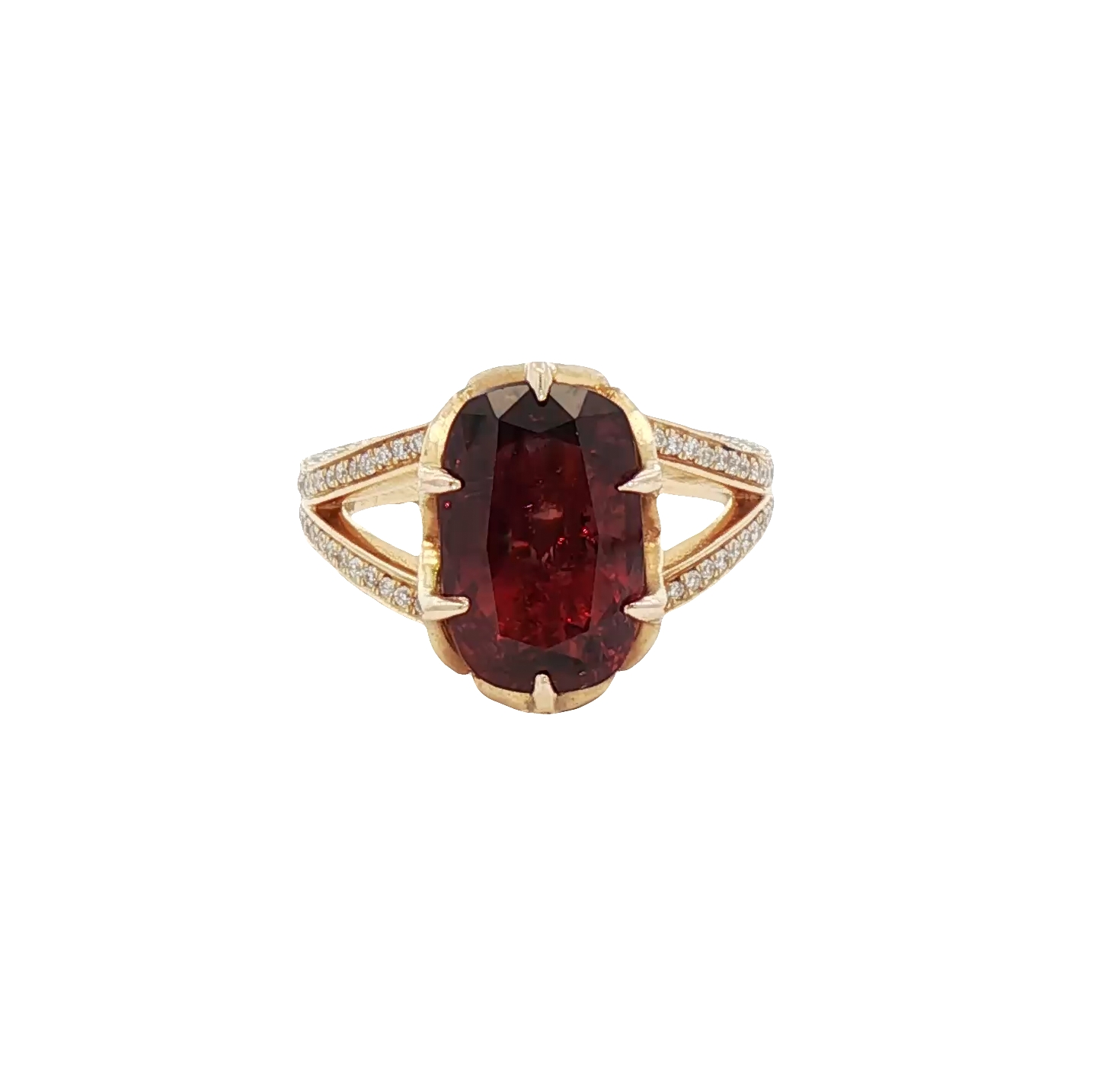 Luxury Burmese ruby cushion-cut ring, 4.69 carats, with diamond accents in 18k yellow gold.