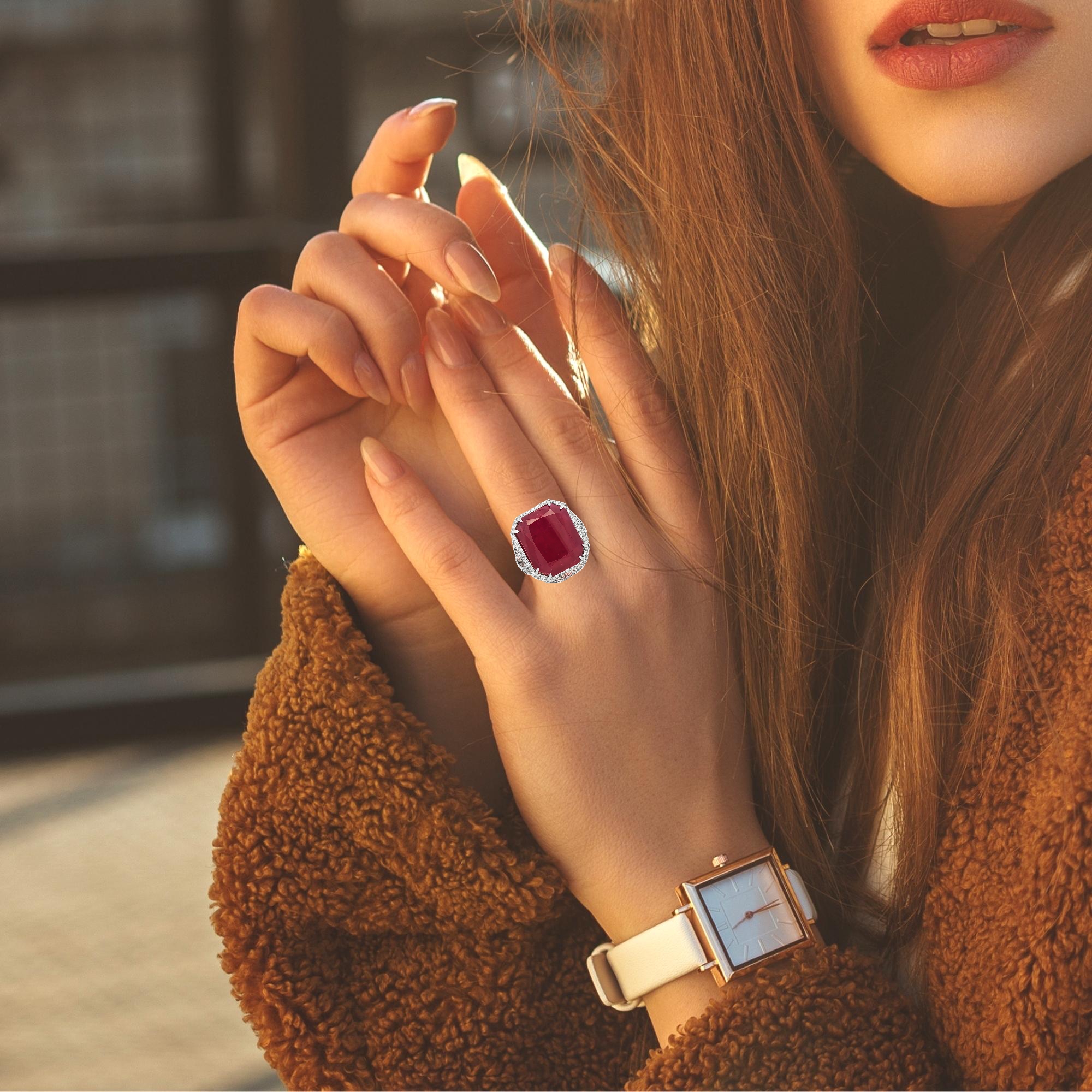 No-heat Mozambique ruby 17.27 ct octagonal brilliant cut ring in 18k white gold with 4.00 ct diamonds, certified by C. Dunaigre and GIA