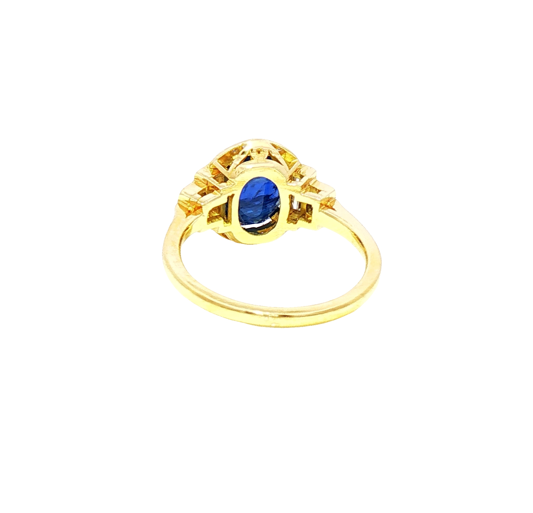 18K yellow gold ring featuring a 3.70 carat Burmese no-heat oval cabochon sapphire with diamond accents, C.Dunaigre certified