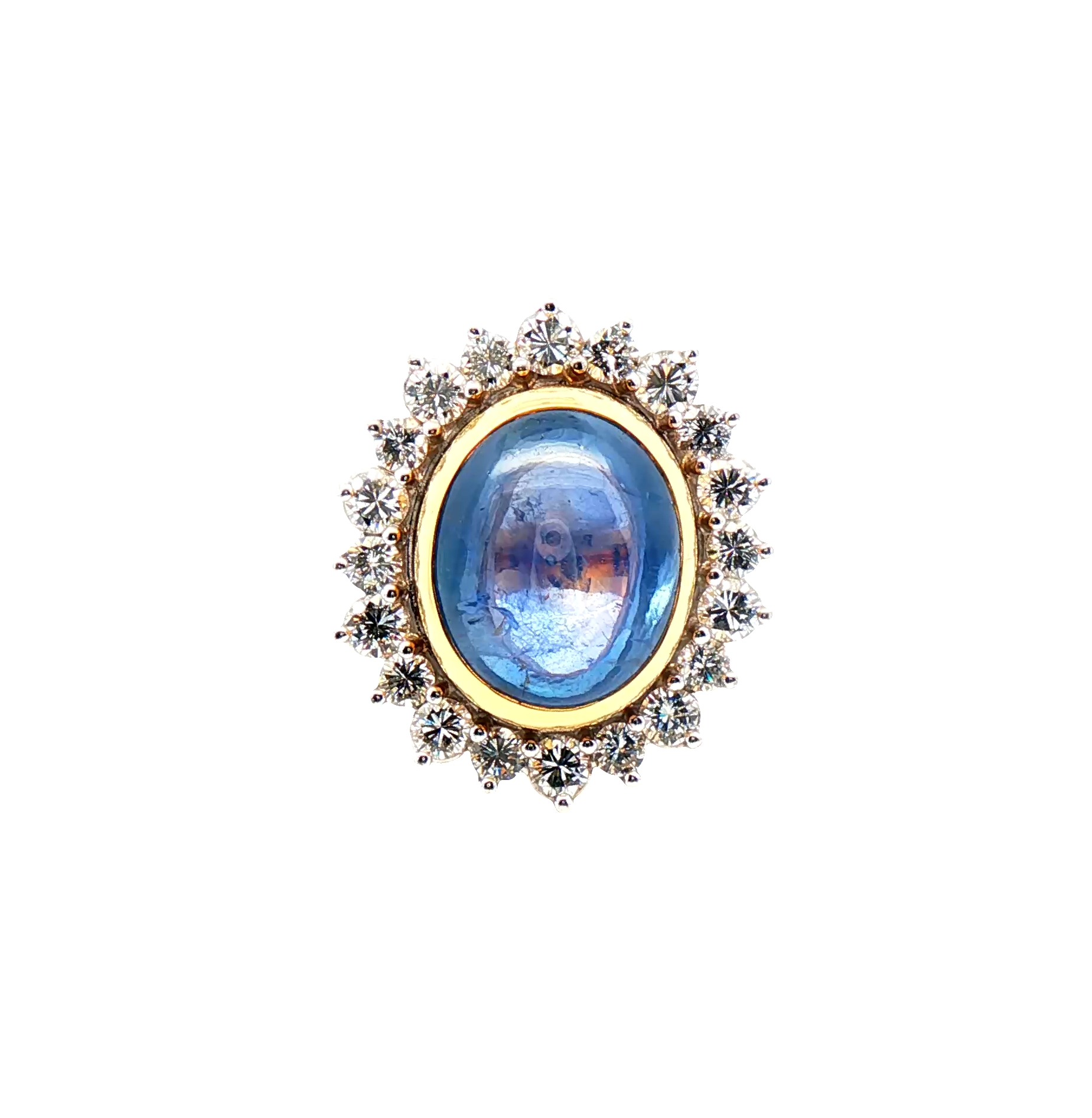 Exquisite 16.25 carat no-heat Ceylon blue sapphire cabochon ring with 3.15 carats diamonds in 18K yellow gold, AGL certified