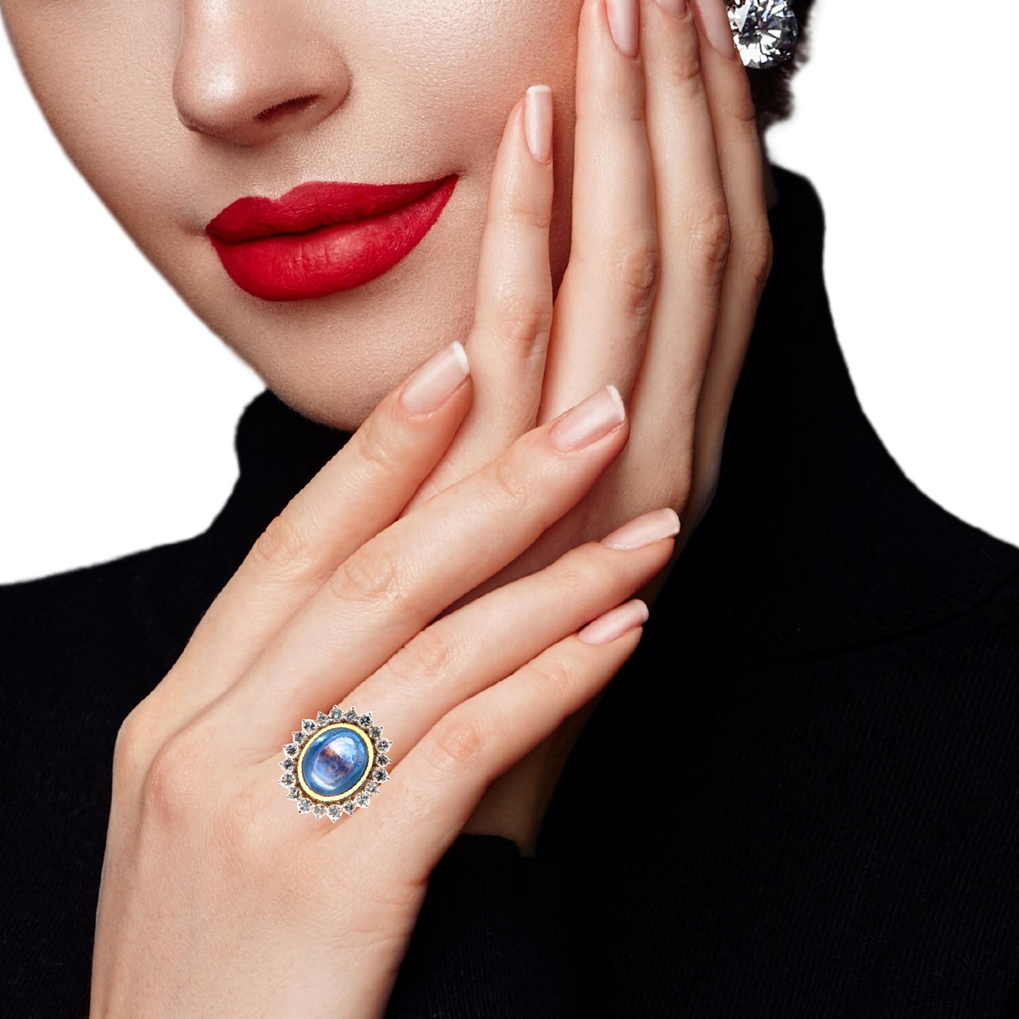 Exquisite 16.25 carat no-heat Ceylon blue sapphire cabochon ring with 3.15 carats diamonds in 18K yellow gold, AGL certified