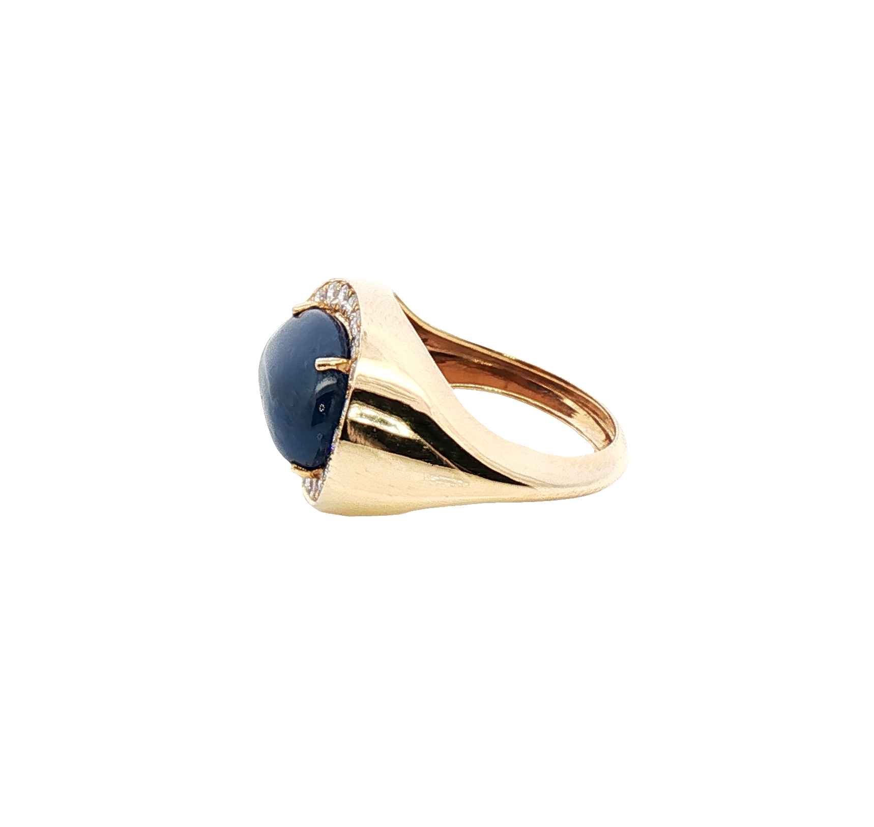 8.84 carat Burmese blue sapphire cabochon ring in 18K yellow gold with 0.60 carats diamonds, natural no-heat sapphire
