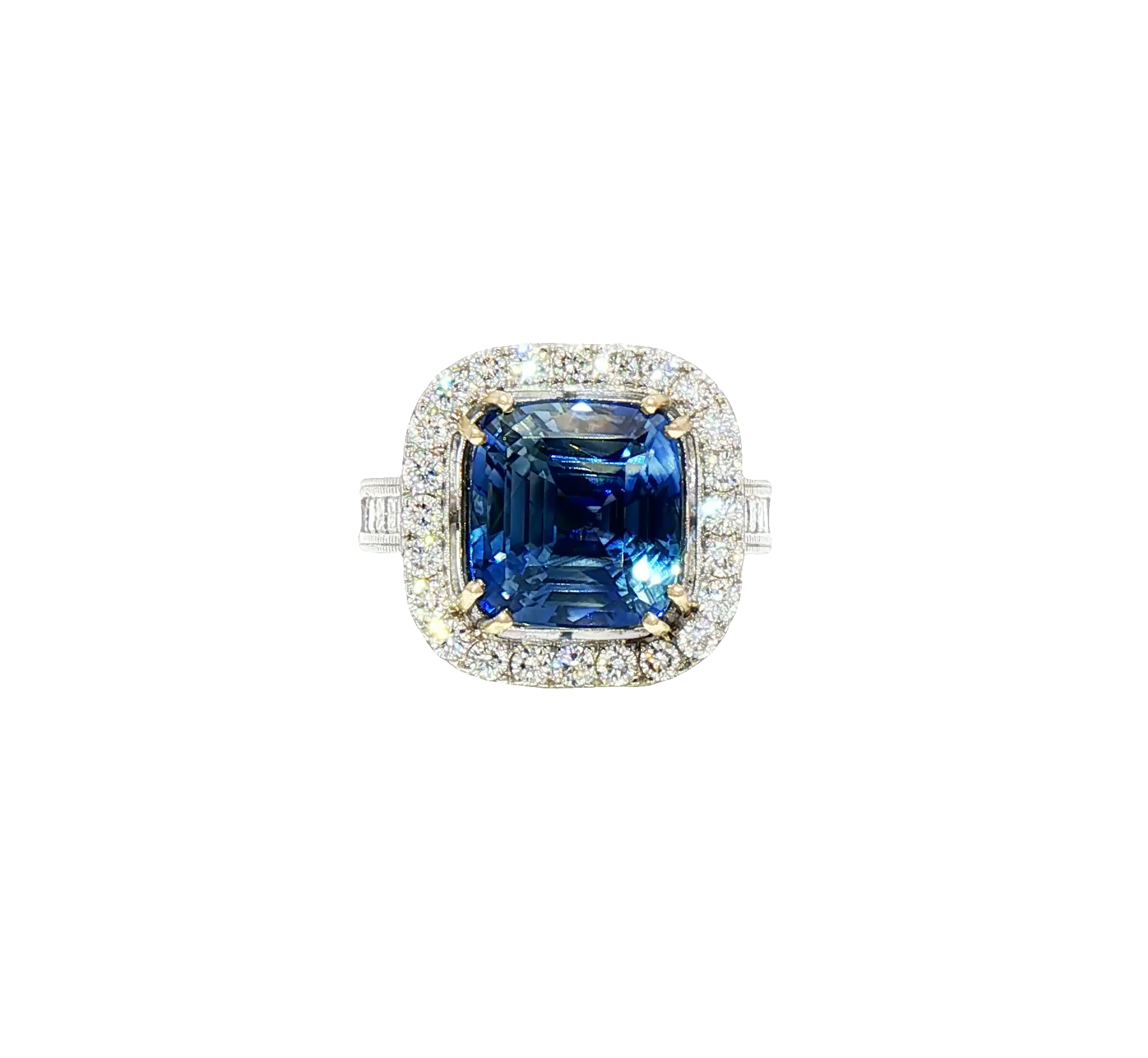 8.35 carat cushion-cut no-heat blue sapphire ring in 18K white gold with 0.72 carats diamonds, AGL certified