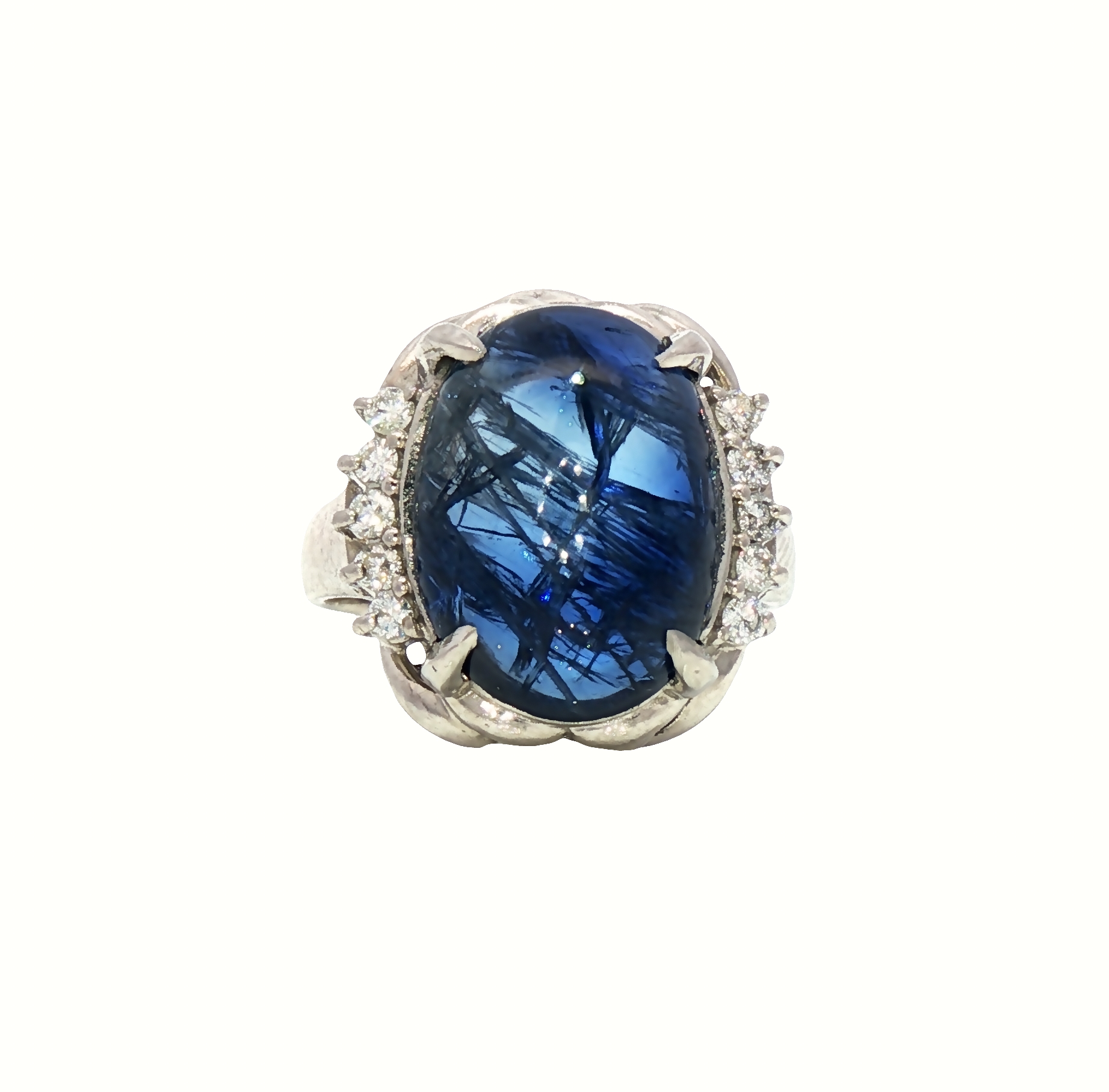 7.75 carat Burmese blue sapphire cabochon ring in platinum with 0.19 carats diamonds, natural no-heat sapphire