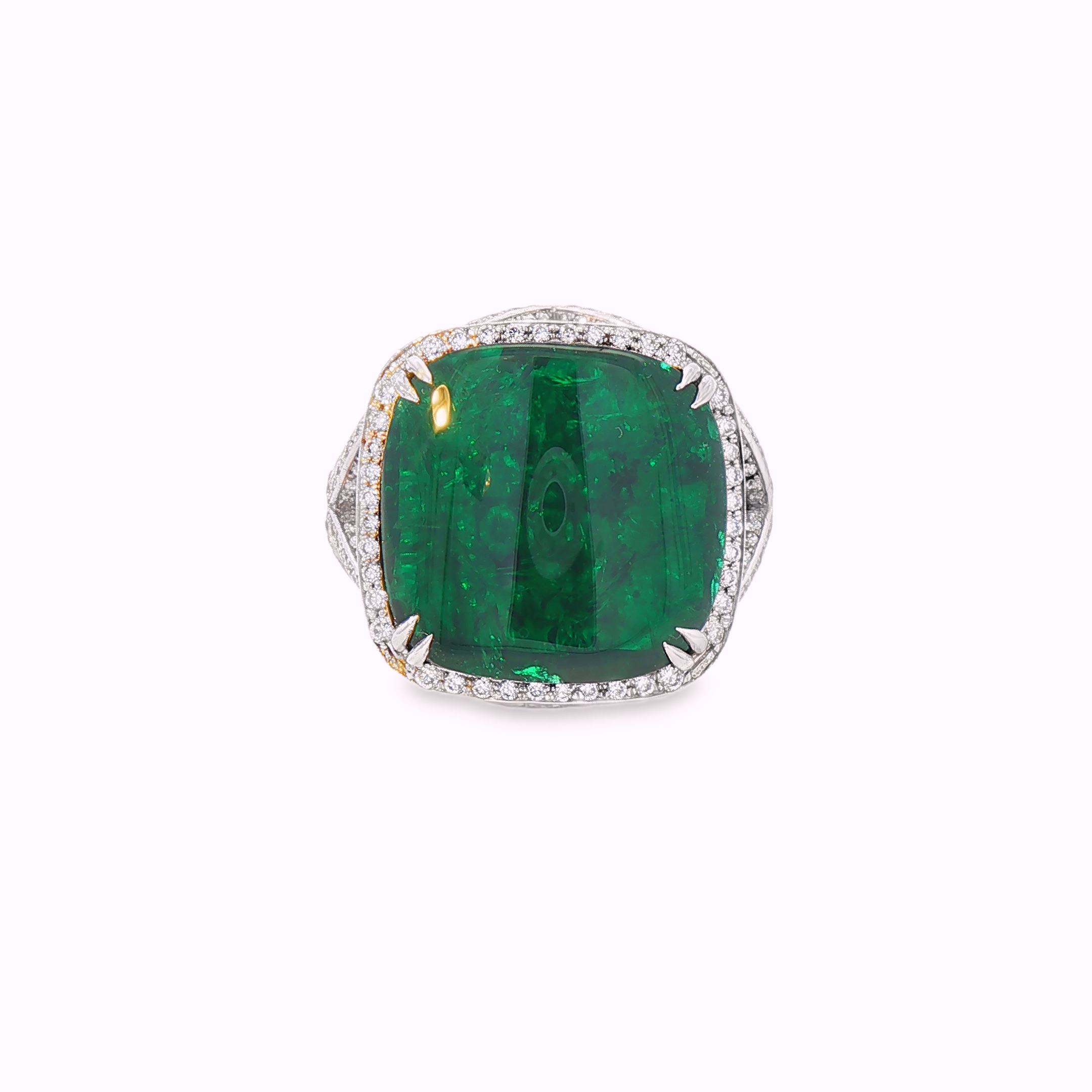 Cushion-cut 13.02 ct Brazilian emerald ring with 4.12 carats diamonds in 18K white gold
