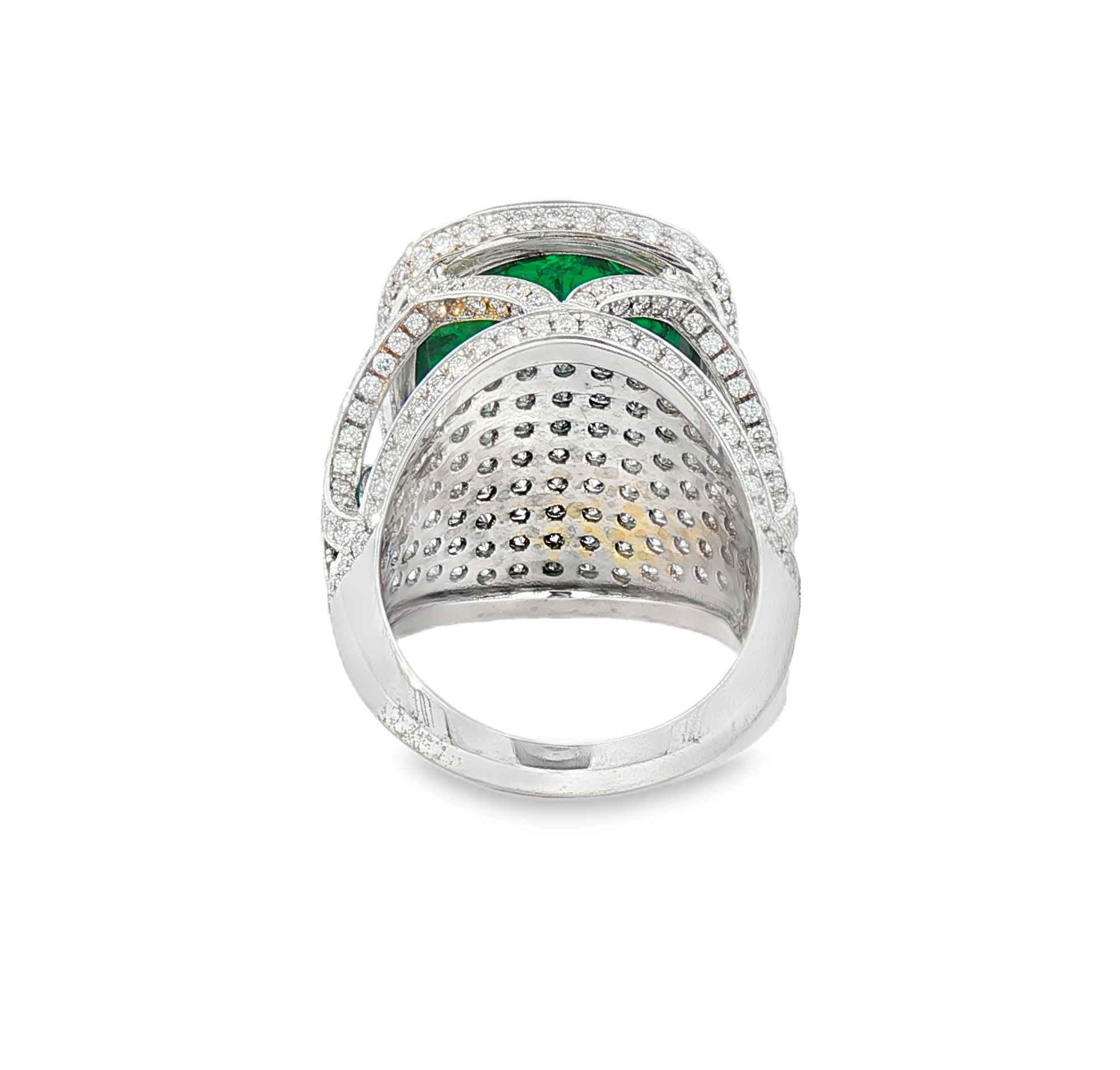 Cushion-cut 13.02 ct Brazilian emerald ring with 4.12 carats diamonds in 18K white gold