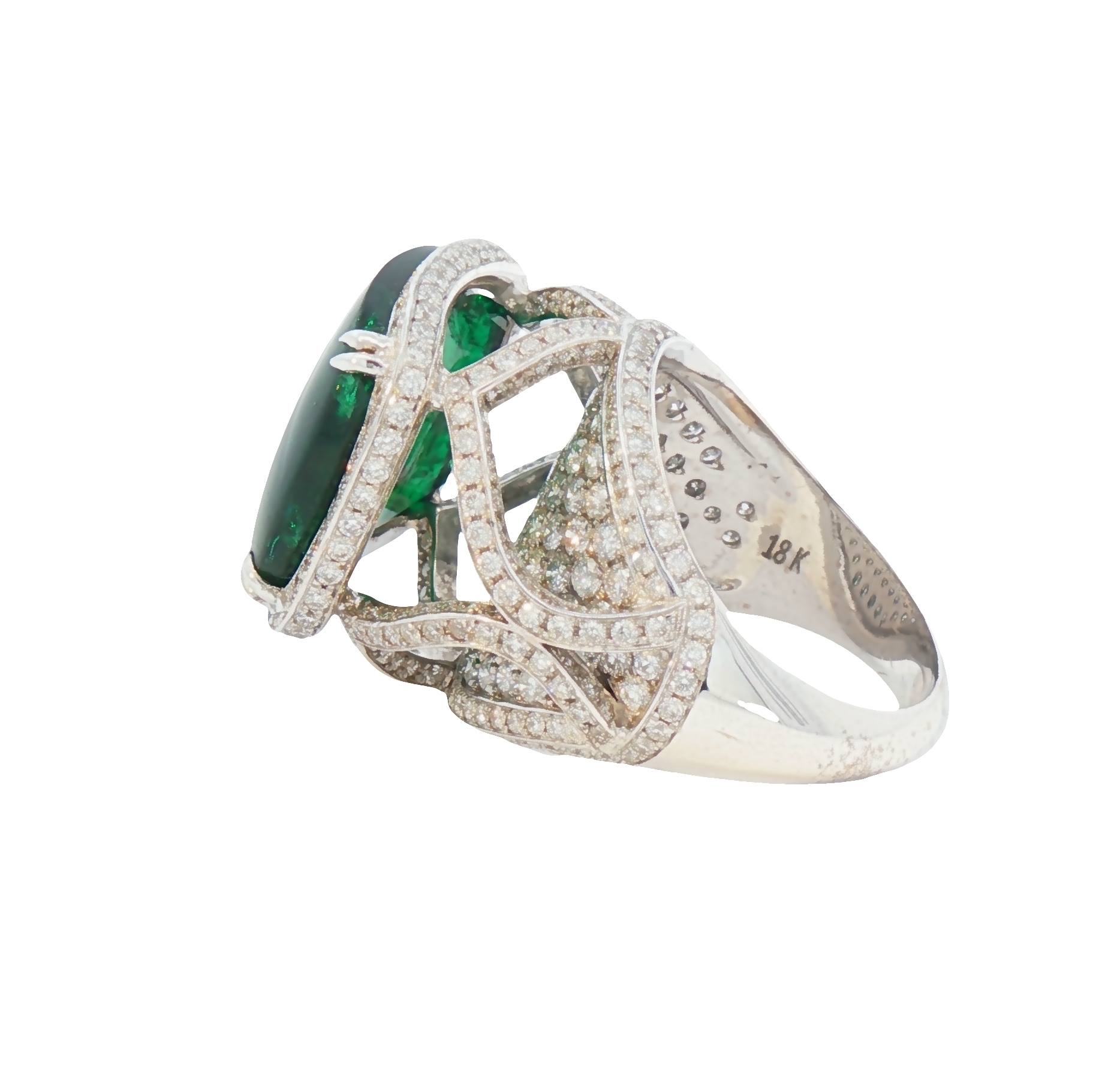 Cushion-cut 13.02 ct Brazilian emerald ring with 4.12 carats diamonds in 18K white gold