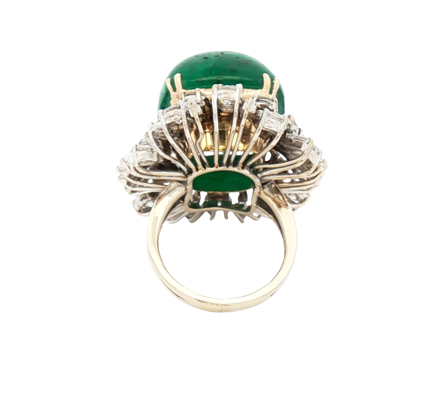 Colombian 24.80-carat cushion pyramidal cabochon emerald ring with diamond halo in platinum and 18K yellow gold, AGL certified.