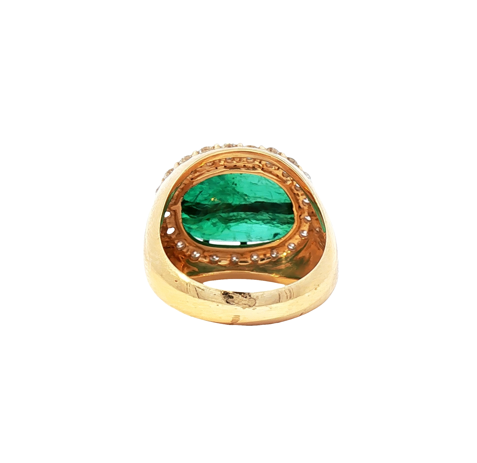 Natural 6.87-carat oval/cushion emerald cabochon in 18K yellow gold with ~0.91-carat diamond accents; 10.73-gram mounting.