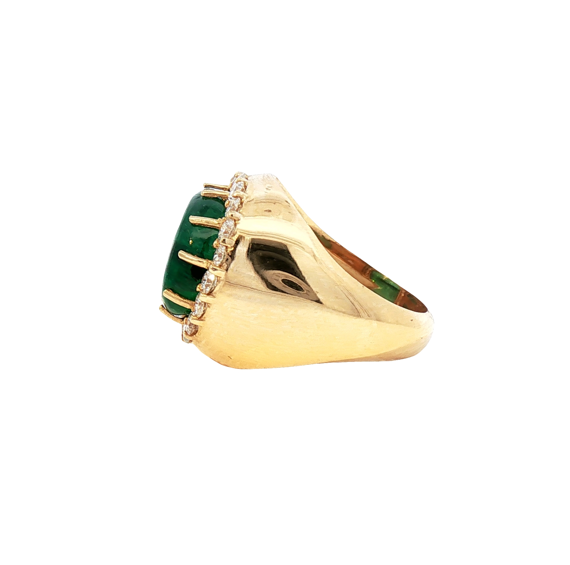 Natural 6.87-carat oval/cushion emerald cabochon in 18K yellow gold with ~0.91-carat diamond accents; 10.73-gram mounting.