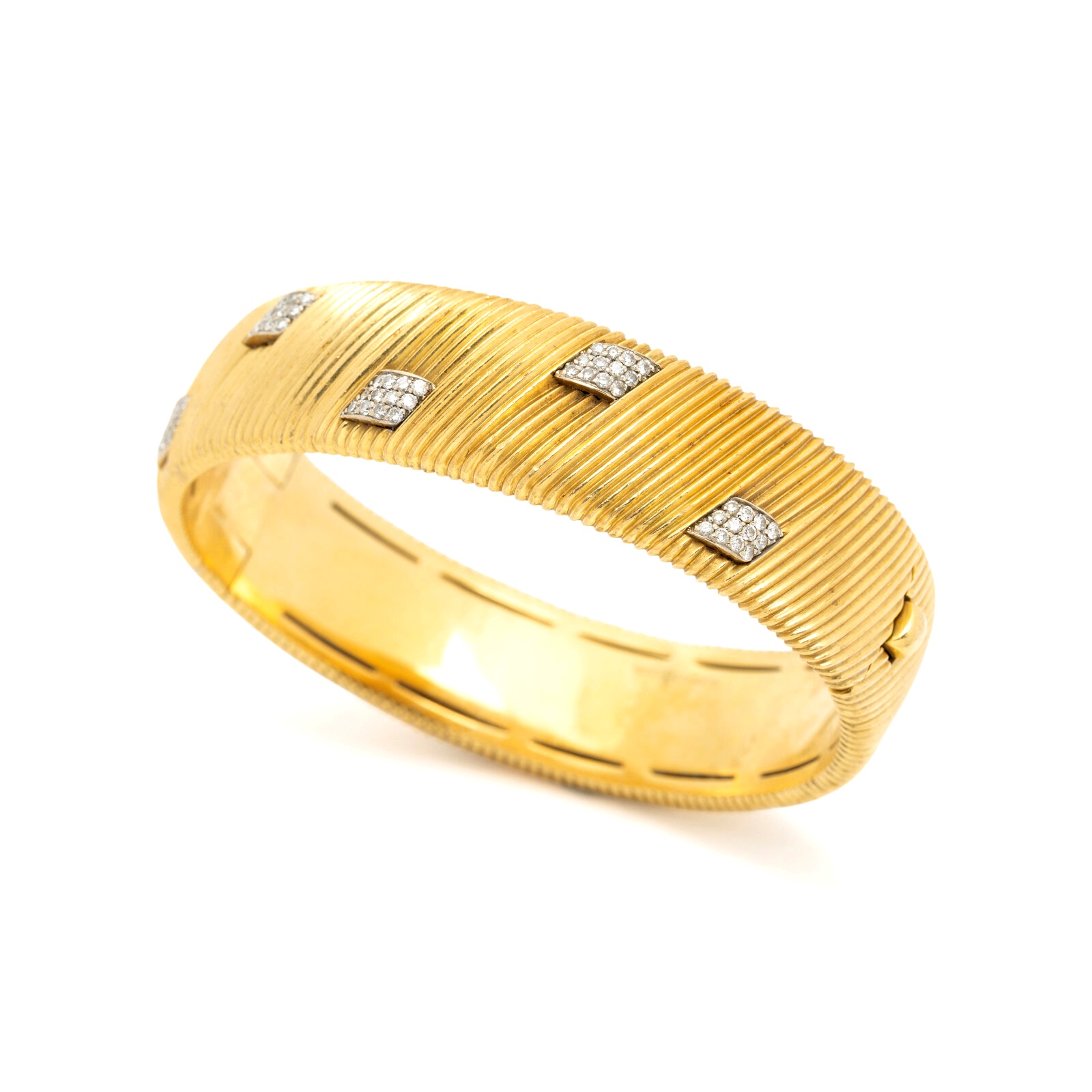 Roberto Coin bicolor (yellow & white) gold hinged diamond bangle, ~1.20 cts, 6.5-inch inner circumference, 15 mm wide.
