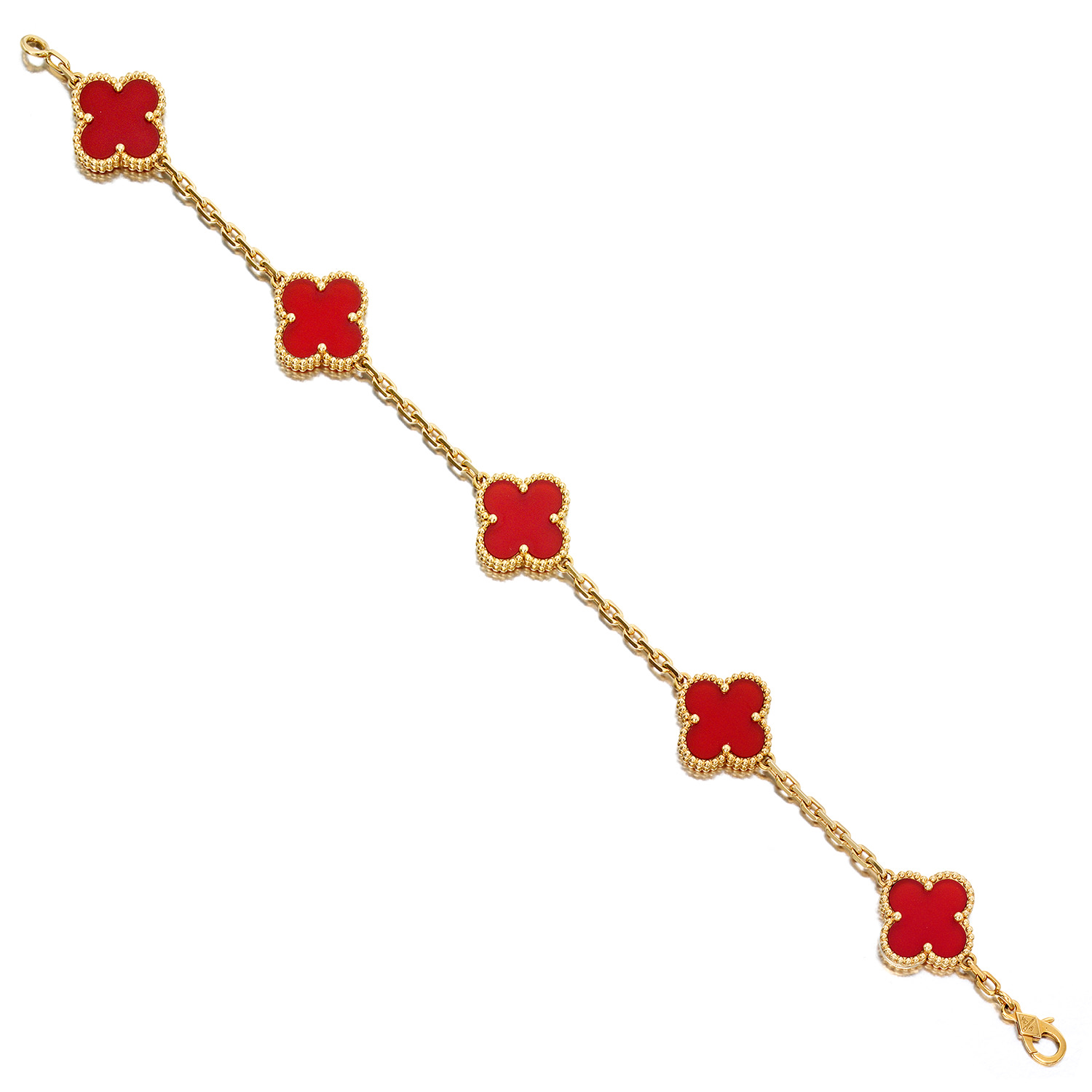 Vintage Alhambra carnelian bracelet by Van Cleef & Arpels shown on wrist, 18K yellow gold beaded mounts