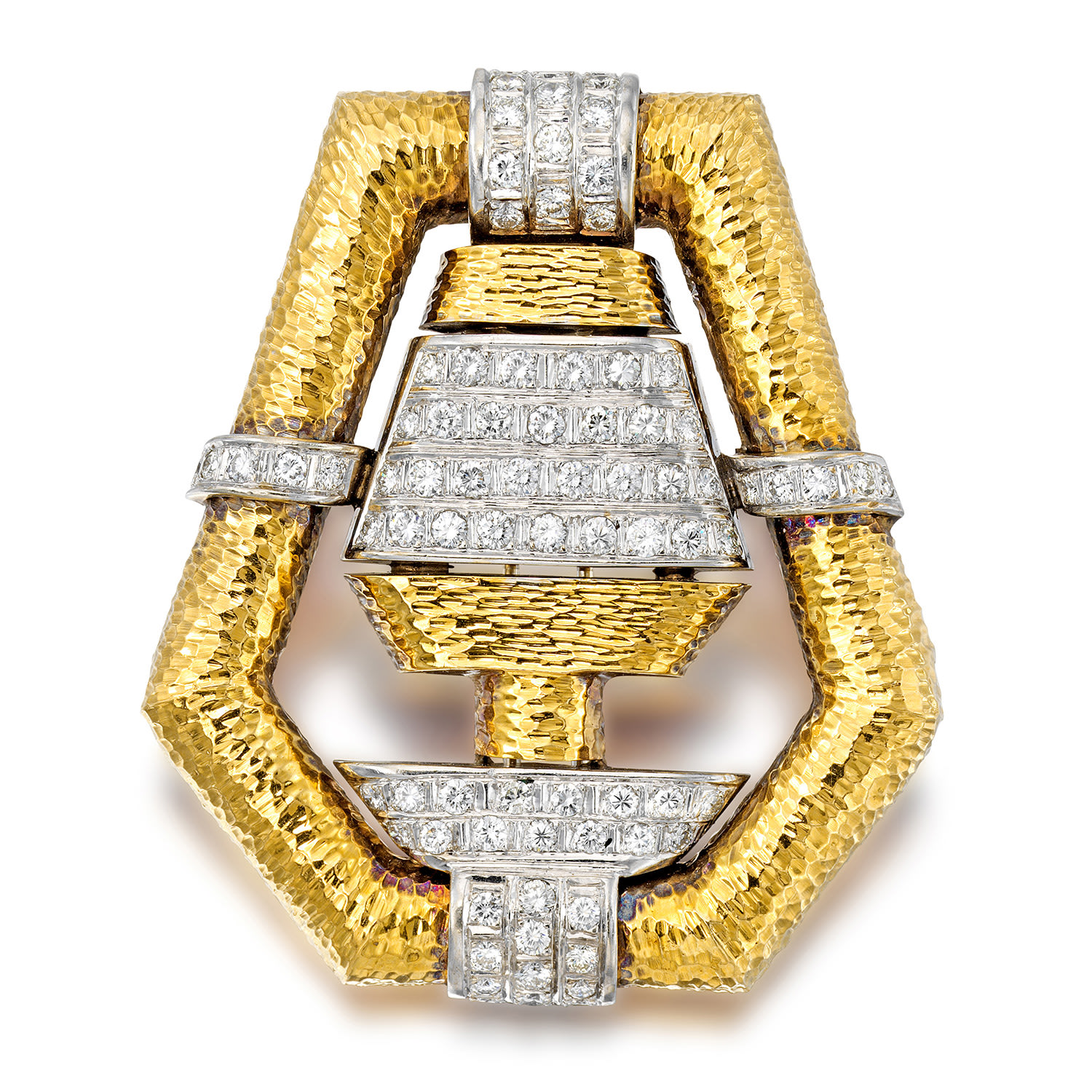 Diamond and 18K yellow and white gold geometric brooch, approx. 3.24 ctw round brilliant diamonds