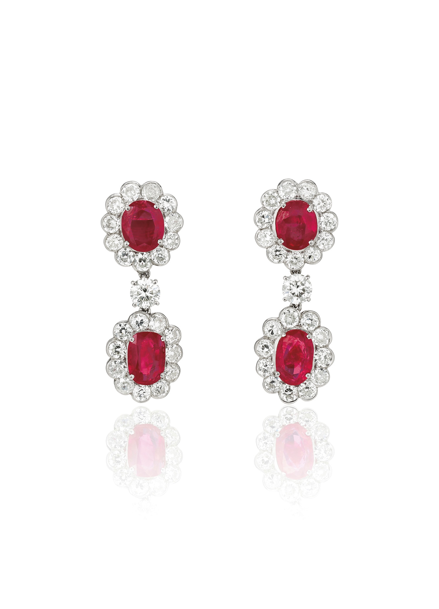 Platinum ruby and old European-cut diamond double-cluster earrings, Burmese no-heat rubies