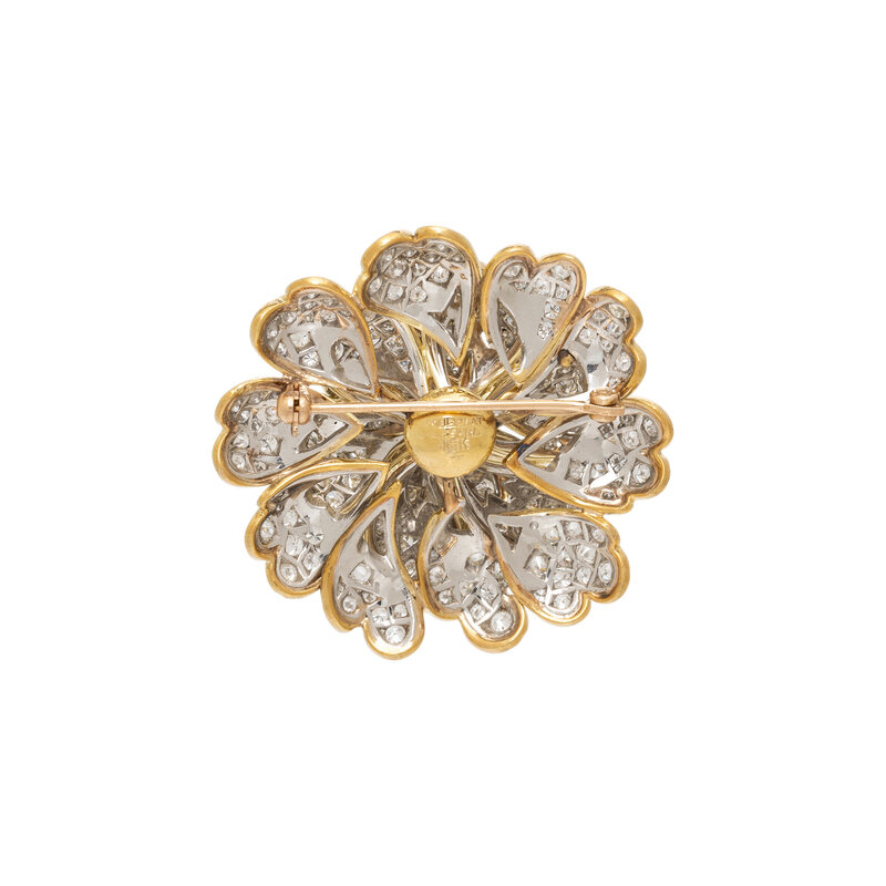 Erwin Pearl diamond and colored diamond flower brooch in 18K yellow gold and platinum with cushion-cut brown diamond center and pavé diamond petals.