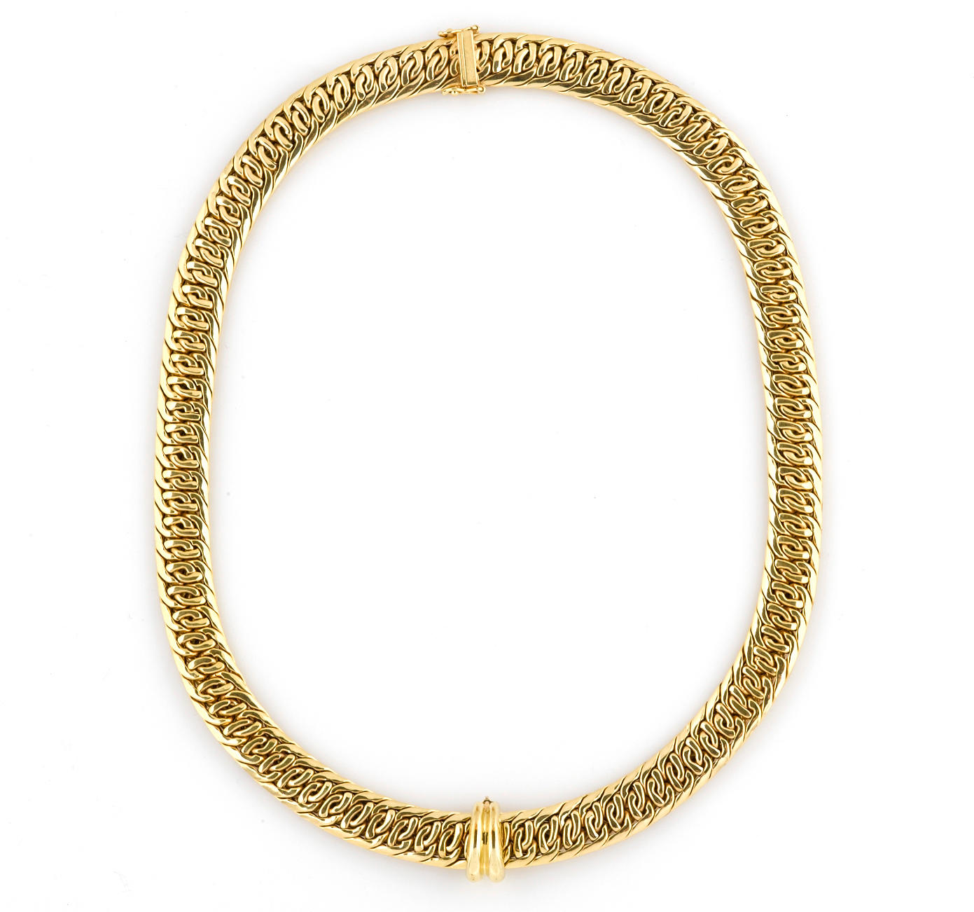 Reversible 18K yellow-gold collar necklace with central slide-pendant, articulated links, approximately 16.5 inches in length.