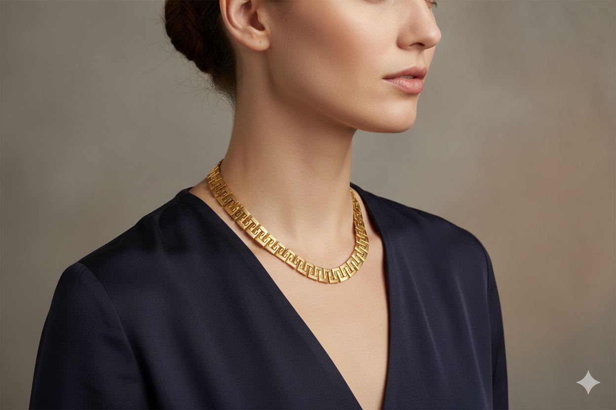 Solid 18K yellow-gold necklace composed of articulated interlocking Greek-key (meander) links