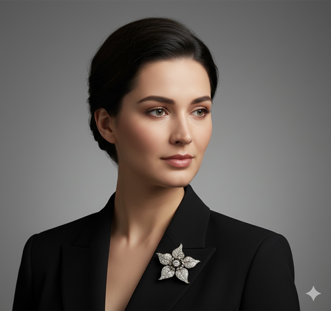 Diamond floral brooch with central old European-cut diamond, rose-cut halo, and pavé-set petals of old mine and old European-cut diamonds