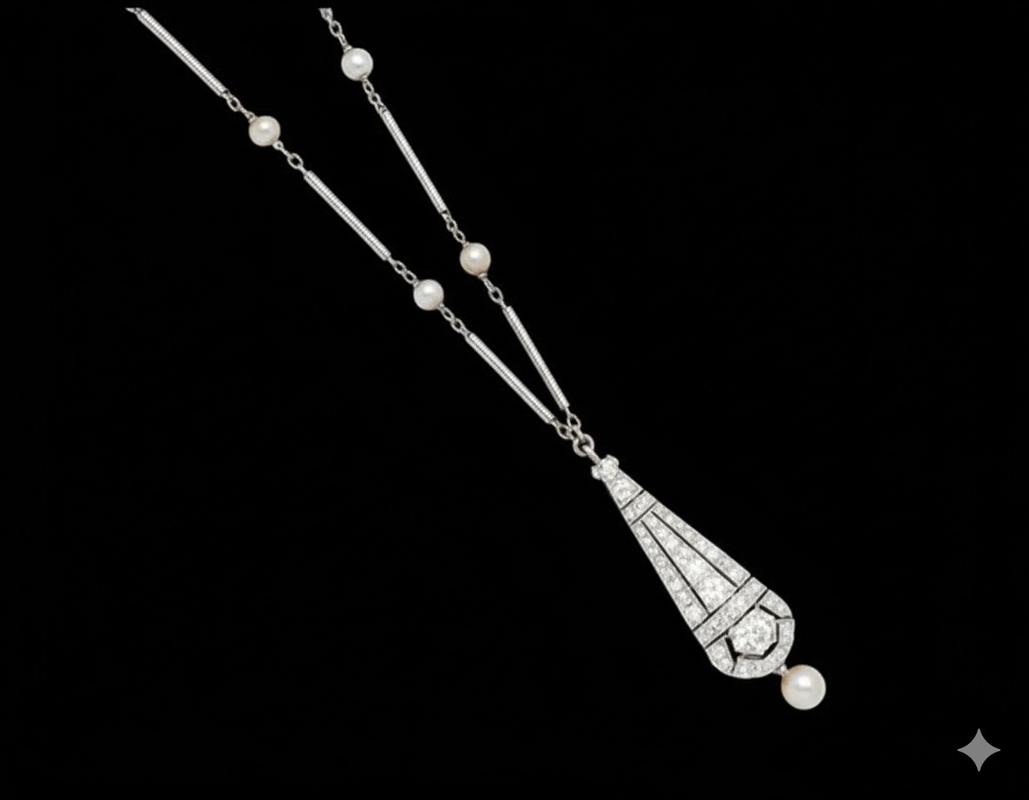 Belle Époque circa 1910 platinum necklace with diamond pavé tear-drop pendant terminating in a pearl on a baton-and-trace chain with pearl accents, 16 inches