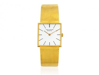 Vintage Patek Philippe ref. 3503/2 18K gold square wristwatch with white baton dial and integrated tapering mesh bracelet, 26 mm case, circa 1960