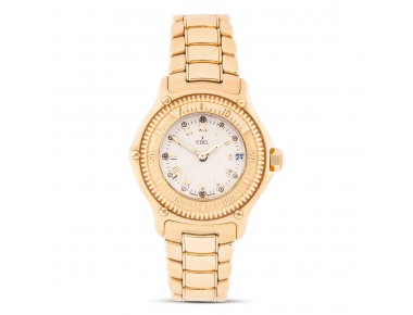 Lady’s Ebel Discovery wristwatch in solid 18K gold with rotating bezel, cream Roman-numeral dial, quartz movement and integrated matte–polished bracelet, 30 mm