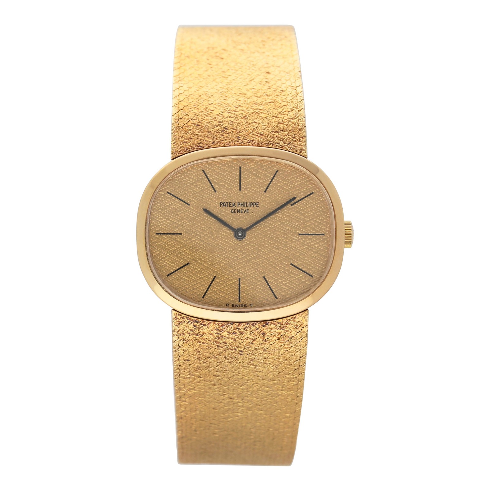 Patek Philippe Golden Ellipse ref. 3545/2 gentleman’s 18K gold wristwatch with textured gilt dial, black baton markers and integrated textured gold mesh bracelet, 32 mm