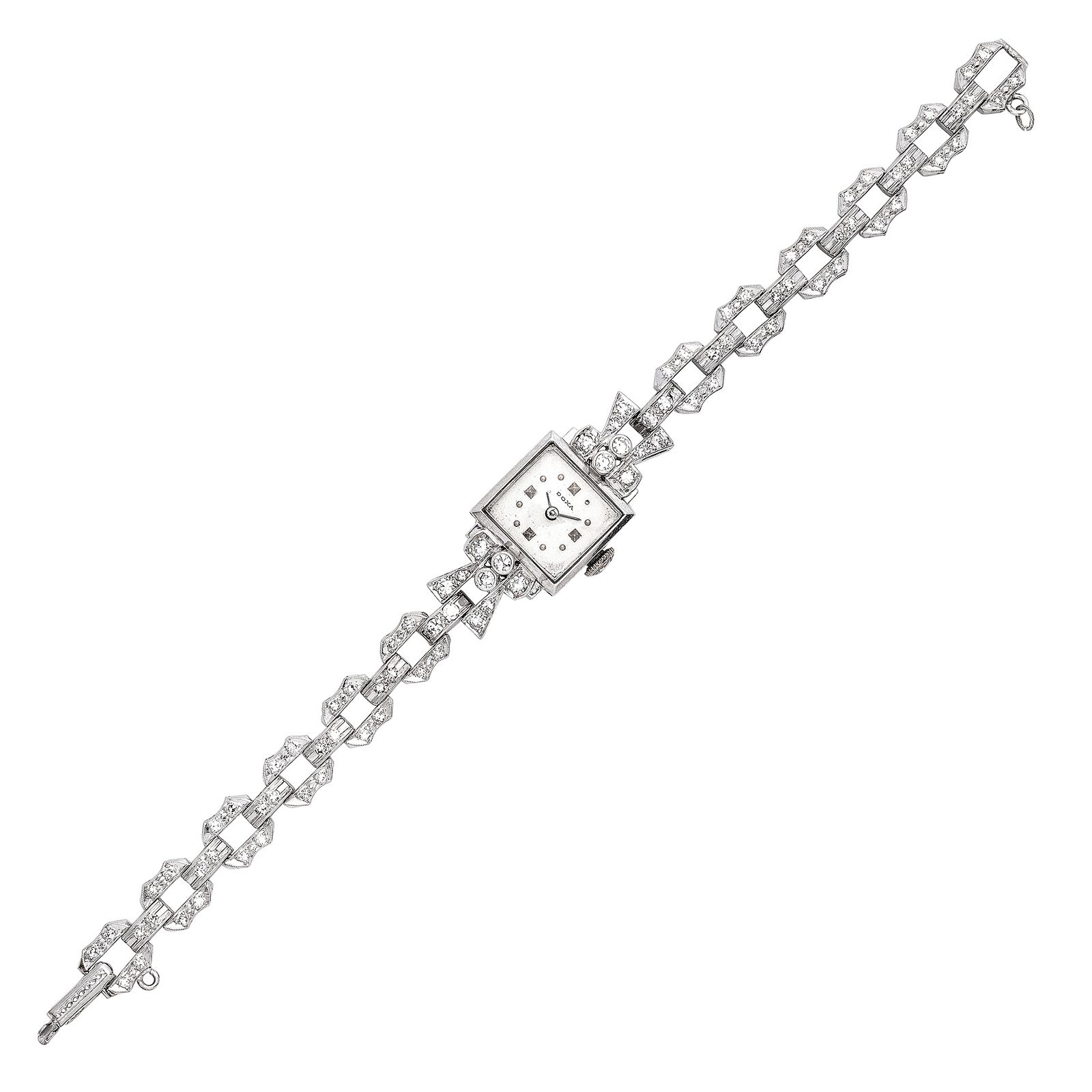 Lady’s Doxa Art Deco platinum wristwatch with square silvered dial, manual movement and integrated diamond-set fancy-link bracelet, approx. 1.10 cts G–H/VS
