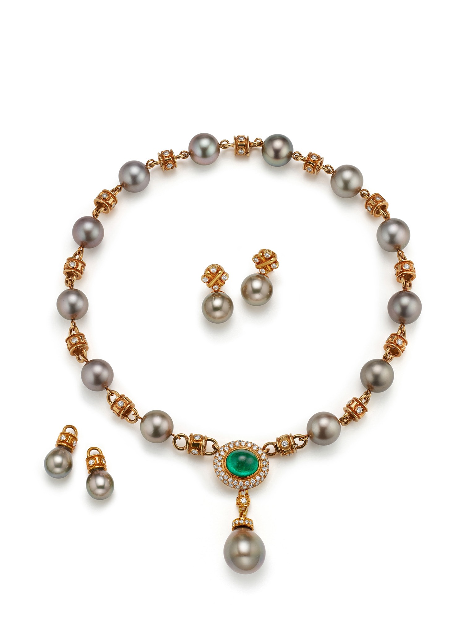 18K yellow gold Tahitian cultured pearl necklace with pavé diamond stations and oval medallion with pearl drop; center mounting customizable, emerald not included
