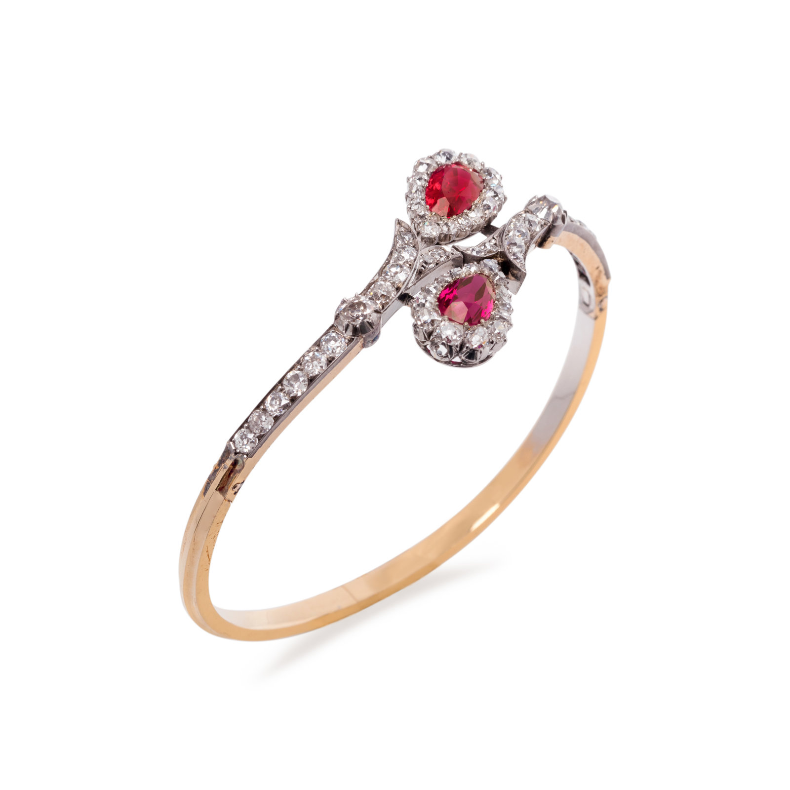 Antique 18th-century bracelet with two pear-shaped no-heat Burmese rubies haloed by old mine-cut diamonds, platinum-topped 18K gold
