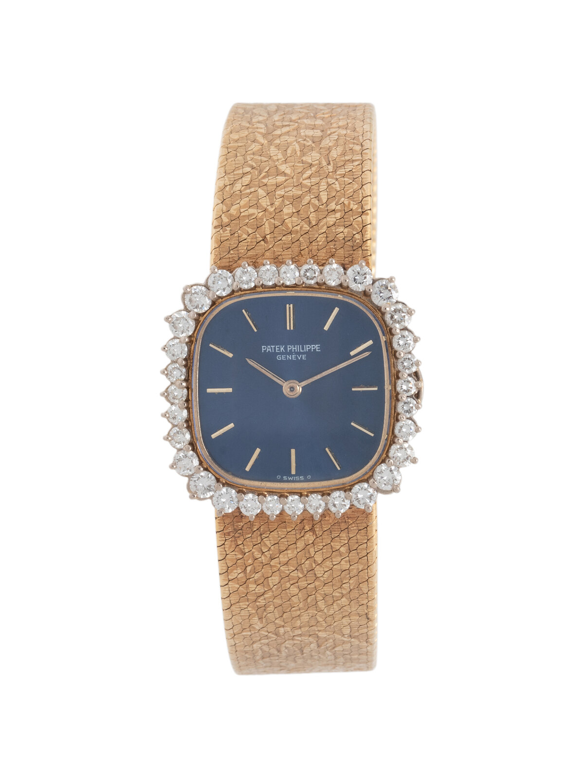 Front view of Patek Philippe ref. 4181/1 manual-wind wristwatch in 18K yellow gold with blue dial and diamond-set bezel