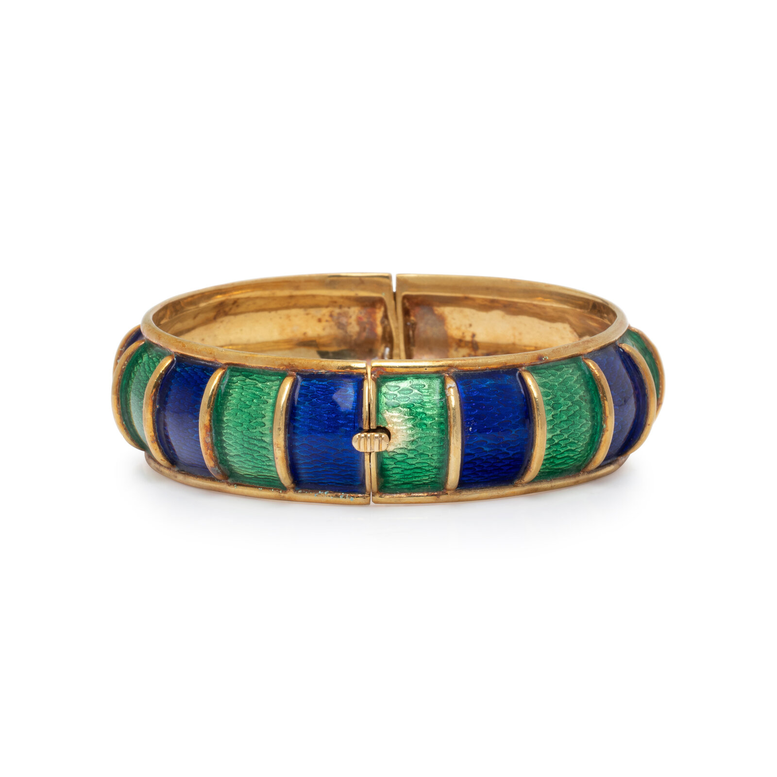 Signed Cellino 18K yellow gold hinged bangle with alternating blue and green enamel panels, 17 mm wide, 6½-inch inner circumference.