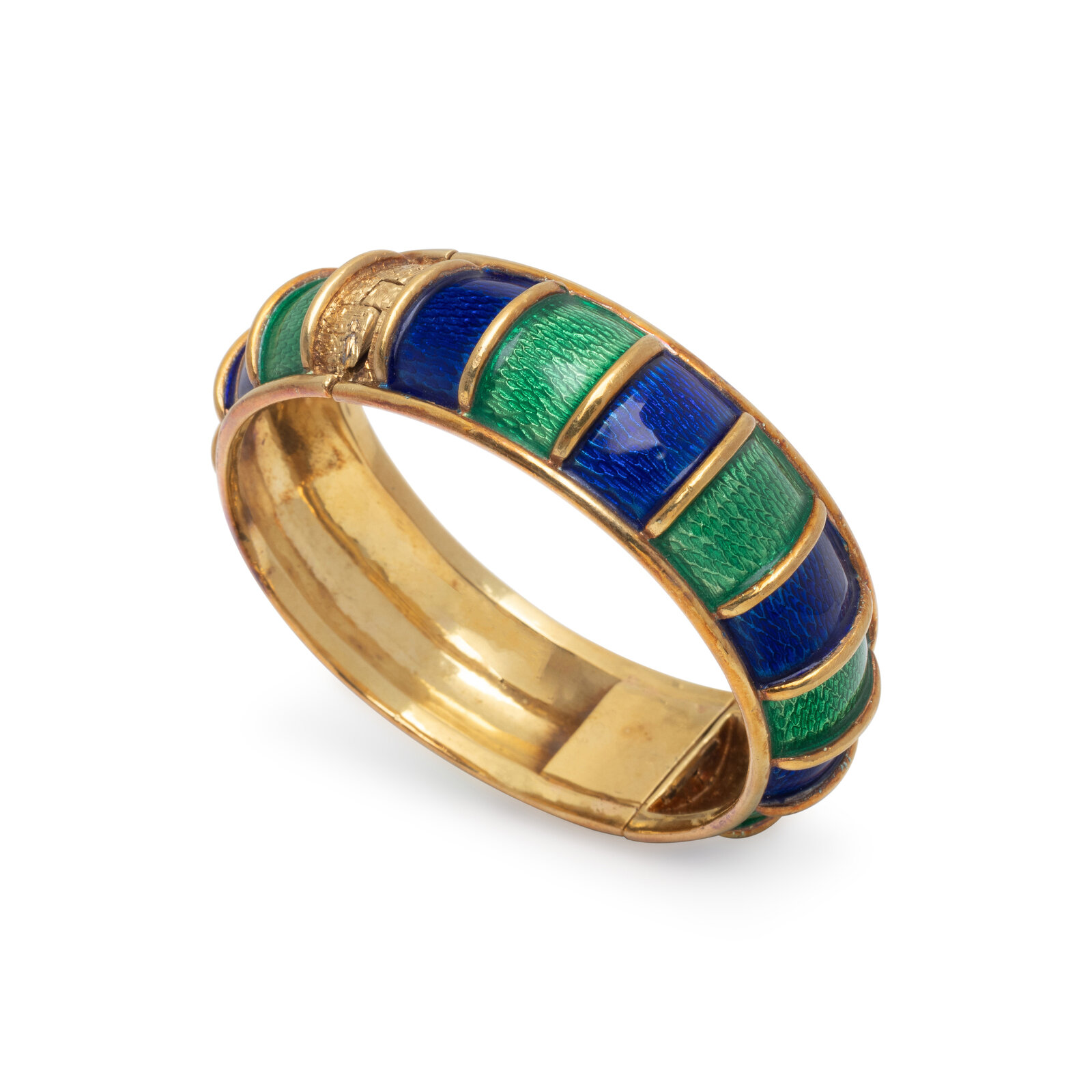 Signed Cellino 18K yellow gold hinged bangle with alternating blue and green enamel panels, 17 mm wide, 6½-inch inner circumference.