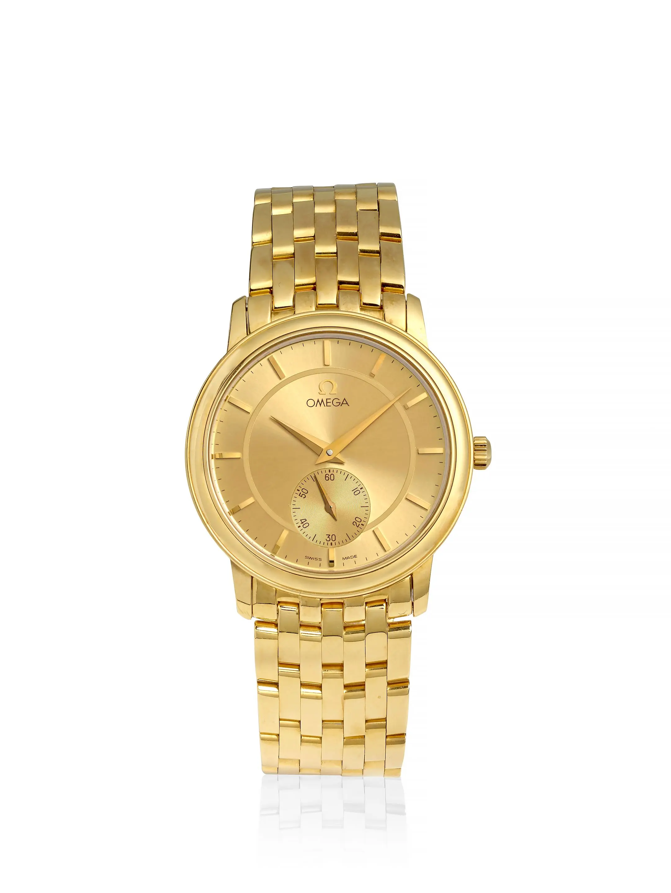 Vintage 1994 Omega De Ville ultra-thin manual wind watch in solid 18K gold featuring a champagne dial and 18K gold link bracelet.