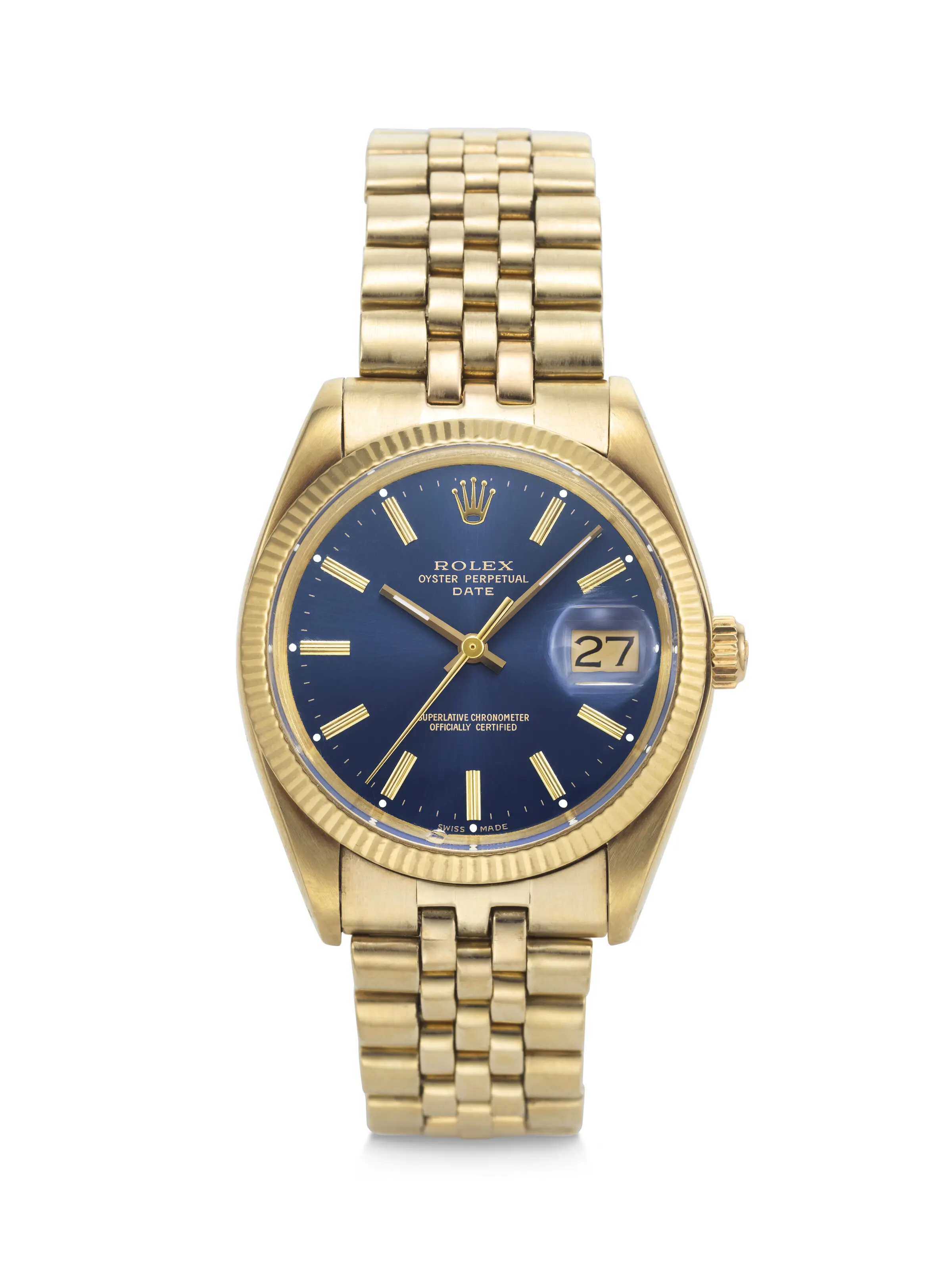 Vintage 1976 Rolex Oyster Perpetual Date Reference 1503 watch featuring a solid 14K gold case, a deep blue dial, and a matching 14K gold Jubilee bracelet.