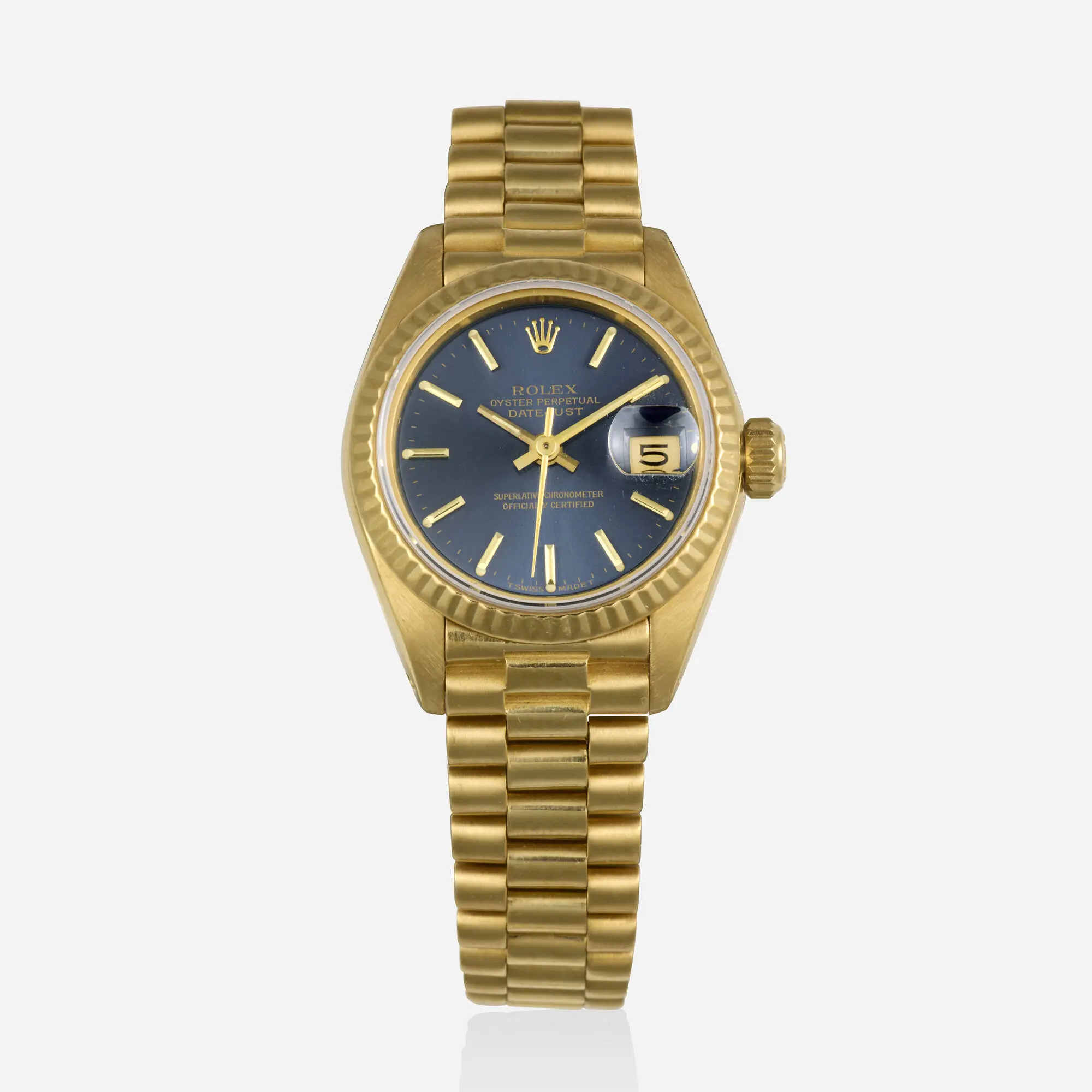 Rolex Lady-Datejust Ref 69178 in 18k yellow gold featuring a navy blue baton dial and gold bracelet