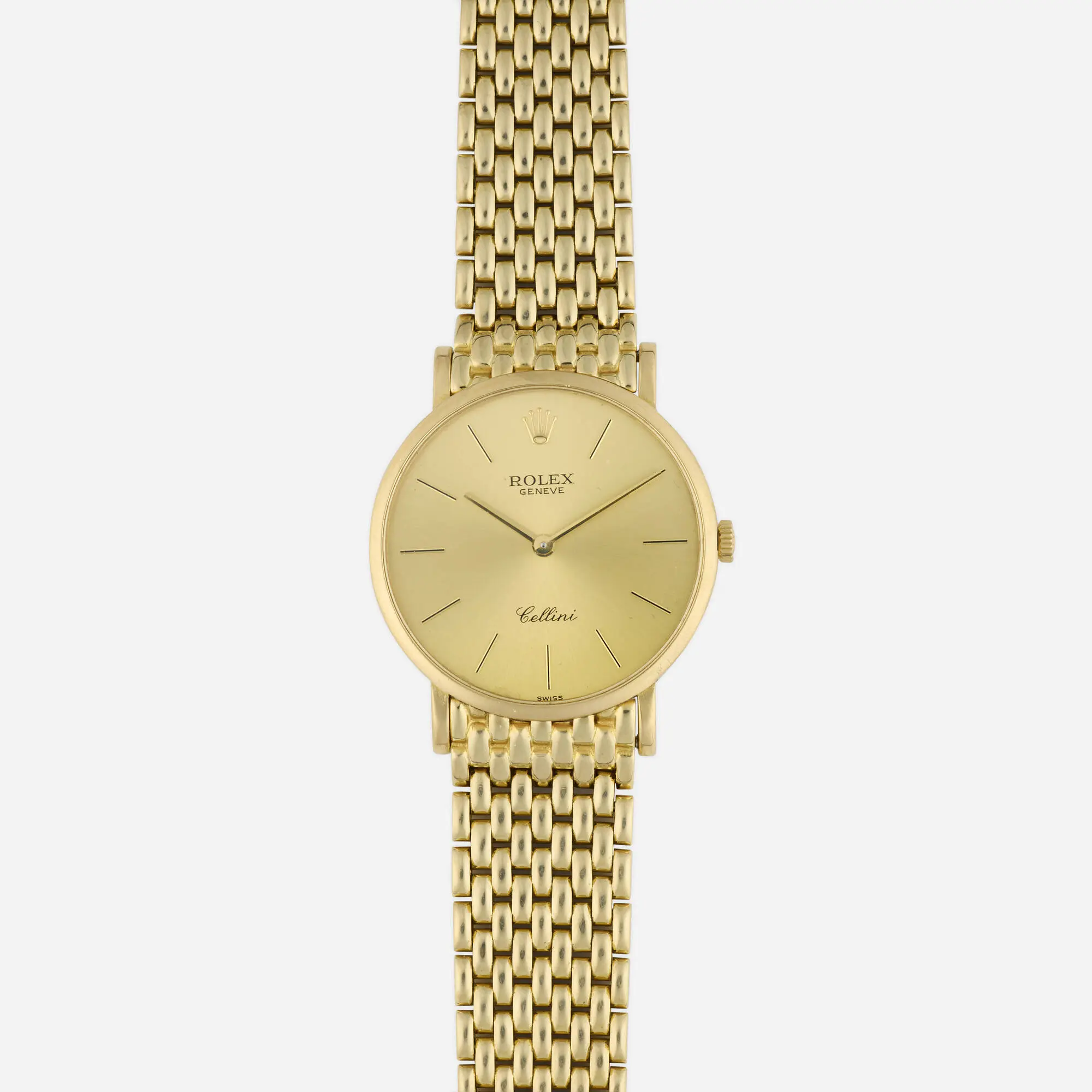 Vintage Rolex Cellini Ref. 5112 solid 18k yellow gold manual-wind 32mm dress watch with gold baton dial, integrated gold bracelet, original box, and guarantee papers.