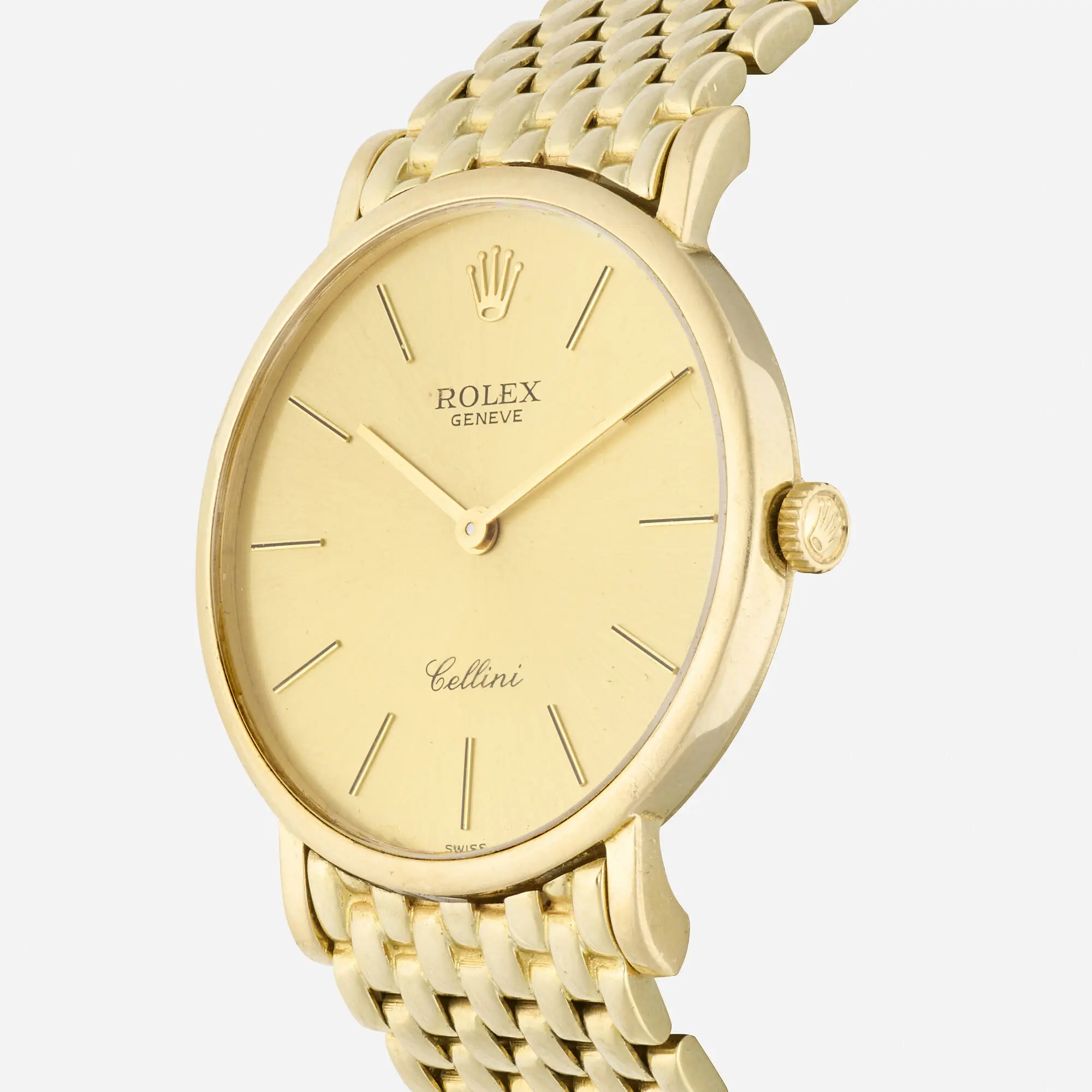 Vintage Rolex Cellini Ref. 5112 solid 18k yellow gold manual-wind 32mm dress watch with gold baton dial, integrated gold bracelet, original box, and guarantee papers.